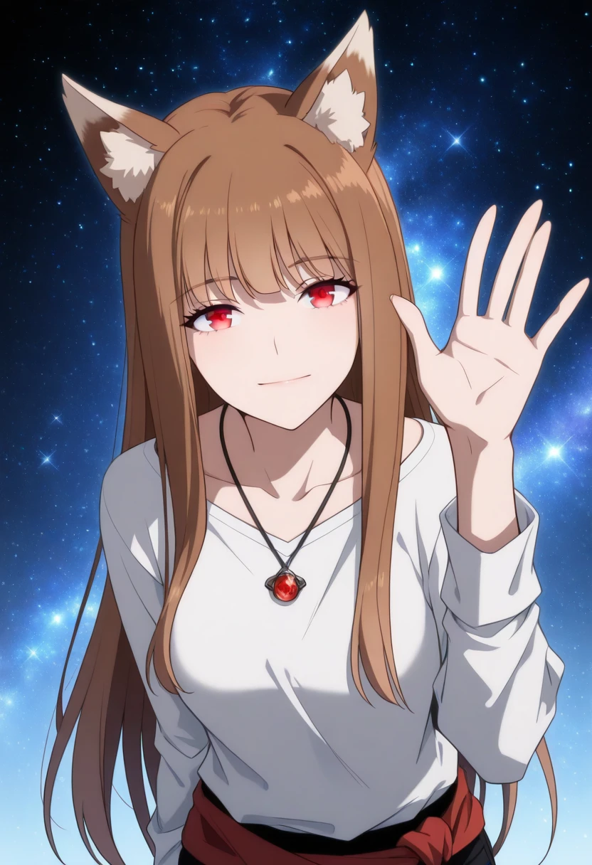 masterpiece,best quality,
<lora:Holo_IL:0.7>,holooutfit1,holooutfit3,1girl,long brown hair,bangs,red eyes,fox ears,medium ,| white shirt,long sleeves,loose shirt,black pants,cropped pants,necklace,pendant,red braided sash,
(waving at viewer:1.3),galaxy background,light particles,light smile,cosmic background,portrait,no building,facing viewer,solo,