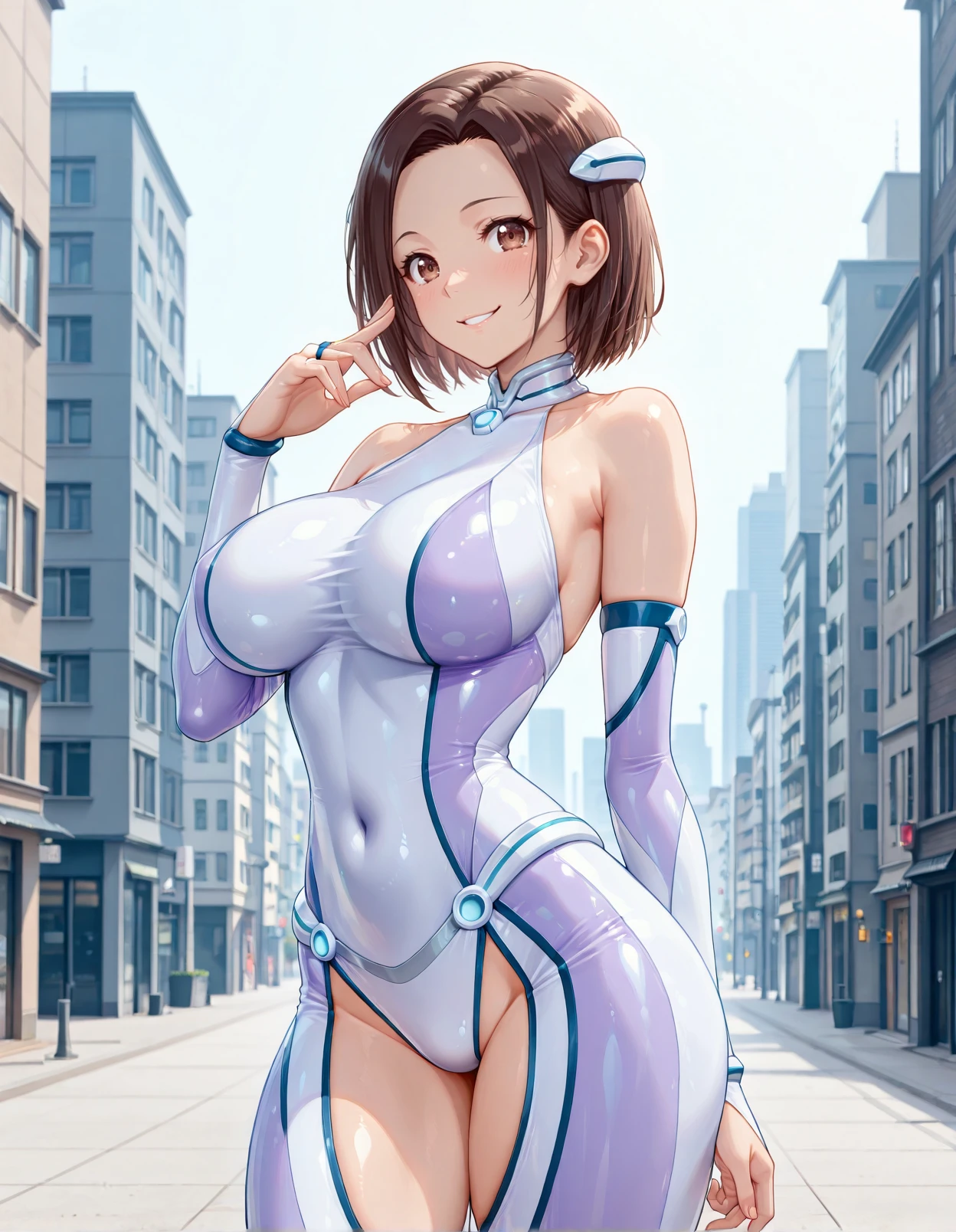 ((A woman modeled after the character Chun-Li)), Medium Hips, Bright Eyes, Very flashy,Huge breasts, Puffy nipples, tight, ((ultra Realist)), TM Ninja White, icon, cores Vibrants, Vector Style, Digital Art, 4K, Intricate details, charm, Professionally done, Beautiful vector illustration, 3d, Detailed description of all characters, ((Very detailed)), ((Vibrant)),((super high quality)), ((Hyperrealism)), ((Photorealism)), [Octane Rendering] , In the city, Lots of cars (Realist), Very detailed,