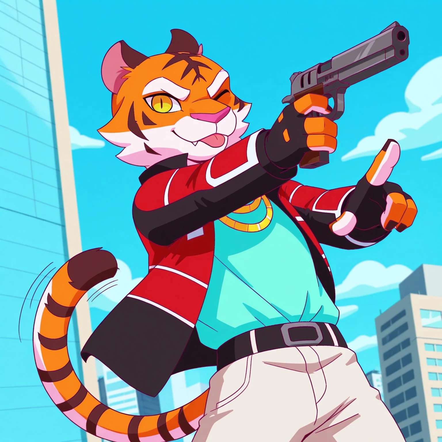 8k, uncensored, masterpiece, best quality, highly detailed, cartoon, 1girl, solo, SableFF, furry female, anthro, felid, tiger, pink inner ear, cheek tuft, white eyebrows, yellow eyes, black pupils, slit pupils, pink nose, orange fur, , red and black jacket, multicolored jacket, light-blue shirt, black fingerless gloves, black belt, shirt tucked in, white pants, (standing, blue sky, afternoon, top of building, city with white buildings, front view, detailed background, (4 fingers:1.3, black nails), ((looking at viewer)), closed mouth, tongue out, one eye closed, holding gun, pointing gun at viewer smile, white inner palms, gold necklace, wagging finger, tiger tail, orange tail