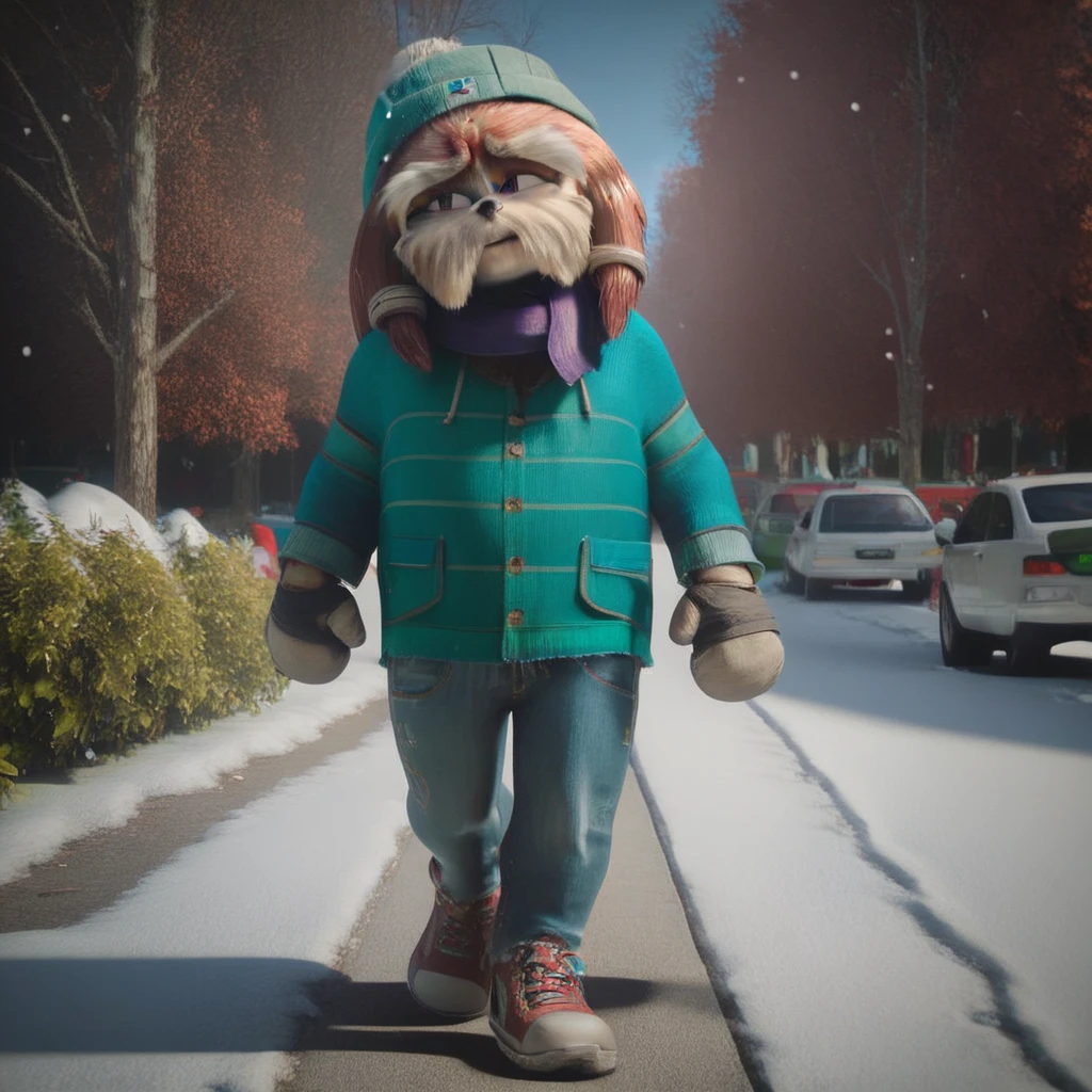 score_9, score_8_up, score_7_up, (best quality), ultra-detailed, high resolution, 8k, Pachacamac, elderly furry male, anthro echidna, 3d, cgi, photorealistic, ful body, outside, park, winter, snow, green beanie, purple scarf, green sweatshirt, jeans, brown shoes, walking