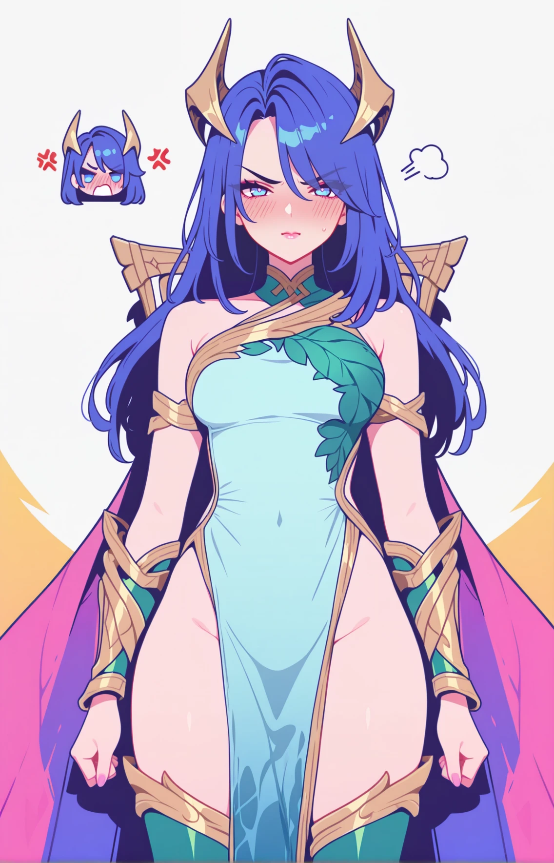 masterpiece, best quality, amazing quality,  absurdres,
, ,  ,  , ,  hot, <lora:Fae_Dragon_Ashe-e100_s1300:1> fae_dradon_ashe, blue eyes, pink lips,long dark blue hair, dragon-like golden horns, mint green scaly dress,green thigh-high boots, golden armor details, leaf-like shoulder armor,pink-purple flowing cape, gold trim, angry face, blush,  <lora:flatline_v2_-_Illus_x_Niji:1.2> Flatline, Flat vector illustration