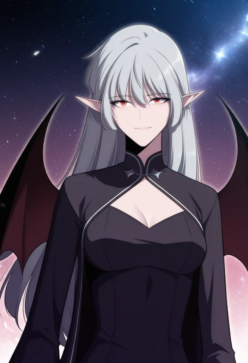 <lora:AliceF7:0.8>,1girl,red eyes,devil_eyes,long hair,grey hair,hair between eyes,pointy ears,flowing hair,medium breast,cleavage || VampireDZ1,black dress,pencil dress,high collar,collared dress,cut-out dress,white trim,black robe,long sleeves,flowing robe,flared cuffs,red lining,|| bat wings,demon wings,<lora:manhwaStyle-000020:1>,(waving at viewer:1.3),galaxy background,light particles,light smile,cosmic background,portrait,no building,facing viewer,
