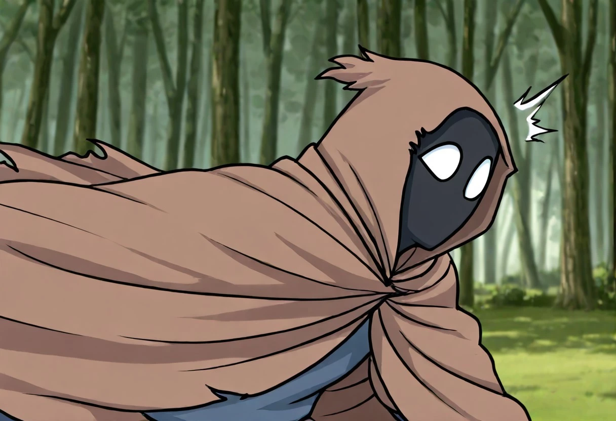 SfEe,
masterpiece, perfect quality, best quality, amazing quality, newest, very aesthetic, hi res, absurd res, 2024, 4k, 8k, movie still, 2d animation, cel shading, 
From side, 
solo male, solo, cloak, shadowed face, wide-eyed, covered face, white eyes, surprised, shocked, asymmetrical eyes, no mouth, mouthless, running, windy, fantasy,