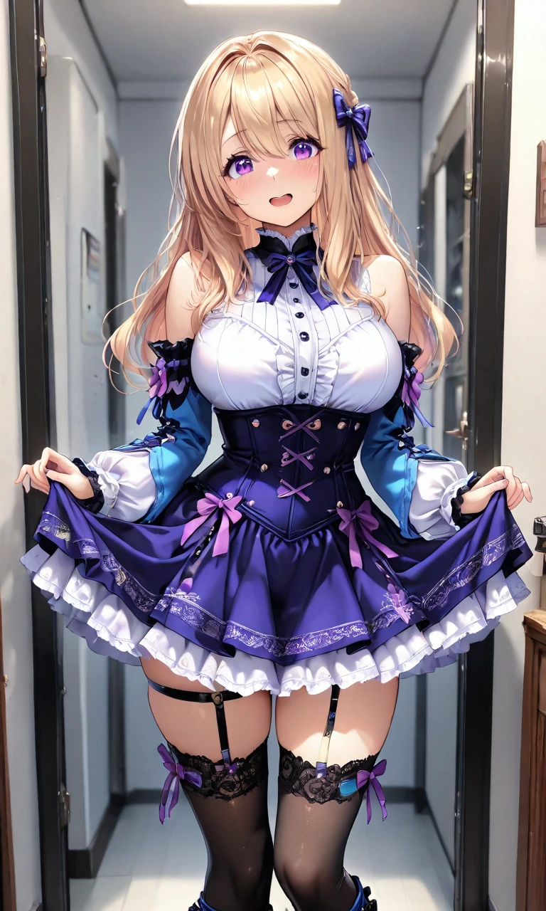 masterpiece, newest, absurdres, cute, lovely, (best quality:1.3), best quality, (amazing quality:1.3), very aesthetic, high resolution, 1girl, solo, purple eyes, high gradient eyes, wide waist, big breasts, sagging_breasts, blonde_and_yellow hair, long hair, multicolored hair, gradient hair, very cute, cute details, cute colors, skinny, seducing viewer, very excited, safe, BREAK, front view, upper body, high heels, boots, black thighhighs, thigh strap, frilled skirt, purple skirt, blue detached sleeves, white shirt, sleeveless, blue bodice, hair bow, caldef