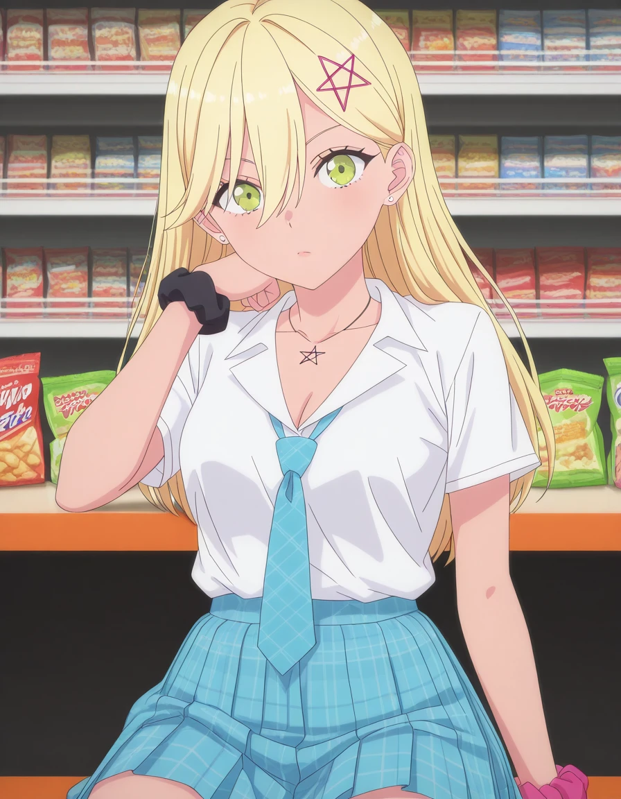 masterpiece, best quality, amazing quality,, <lora:aria-kisaki-s1-illustriousxl-lora-nochekaiser:1>, aria kisaki, long hair, bangs, blonde hair, hair ornament, hair between eyes, green eyes, hairclip, star hair ornament, hair behind ear, gyaru, hexagram, star necklace, star of david, mature female, medium breasts, anime screencap, skirt, shirt, cleavage, jewelry, collarbone, white shirt, short sleeves, pleated skirt, earrings, necktie, collared shirt, necklace, blue skirt, plaid, plaid skirt, scrunchie, blue necktie, wrist scrunchie, gyaru,, sitting, elbow rest, table,, convenience store, snacks, shelves, counter, quick, cowboy shot, solo, looking at viewer, <lora:transparent-background-illustriousxl-lora-nochekaiser:1>, transparent background, simple background, white background