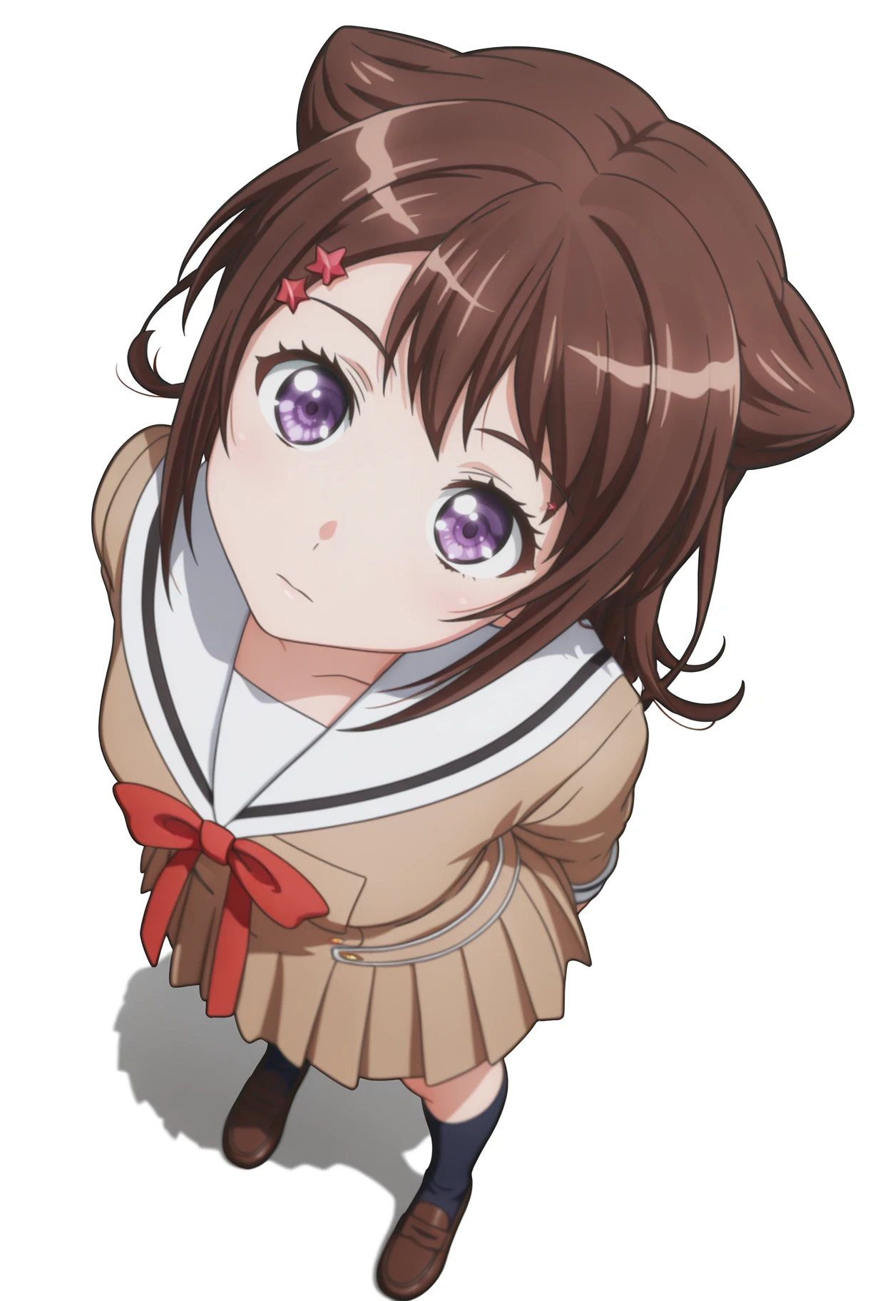 Smooth_Quality, absurdres, absurd res, 1girl, solo, anime screenshot, official style,
 <lora:Toyama_Kasumi_-_BanG_Dream:1> tkasumi, medium hair, brown hair, double bun, hair bun, hair ears, sidelocks, star hair ornament, star \(symbol\), purple eyes, anime screenshot, hanasakigawa school uniform, white sailor collar, brown shirt, red ribbon, neck ribbon, long sleeves, brown skirt, dark blue socks, kneehighs,  loafers, 
expressionless,
looking at viewer,  (waist-up shot), (medium shot),  (head tilt:1.3),  arms behind back,
white background,  simple background, from above,
<lora:E - Dynamic Poses - IL - N4Talent:2> dynamic pose, foreshortening, extreme perspective,  <lora:E - Angle Slide - IL - Mraclet:2>,