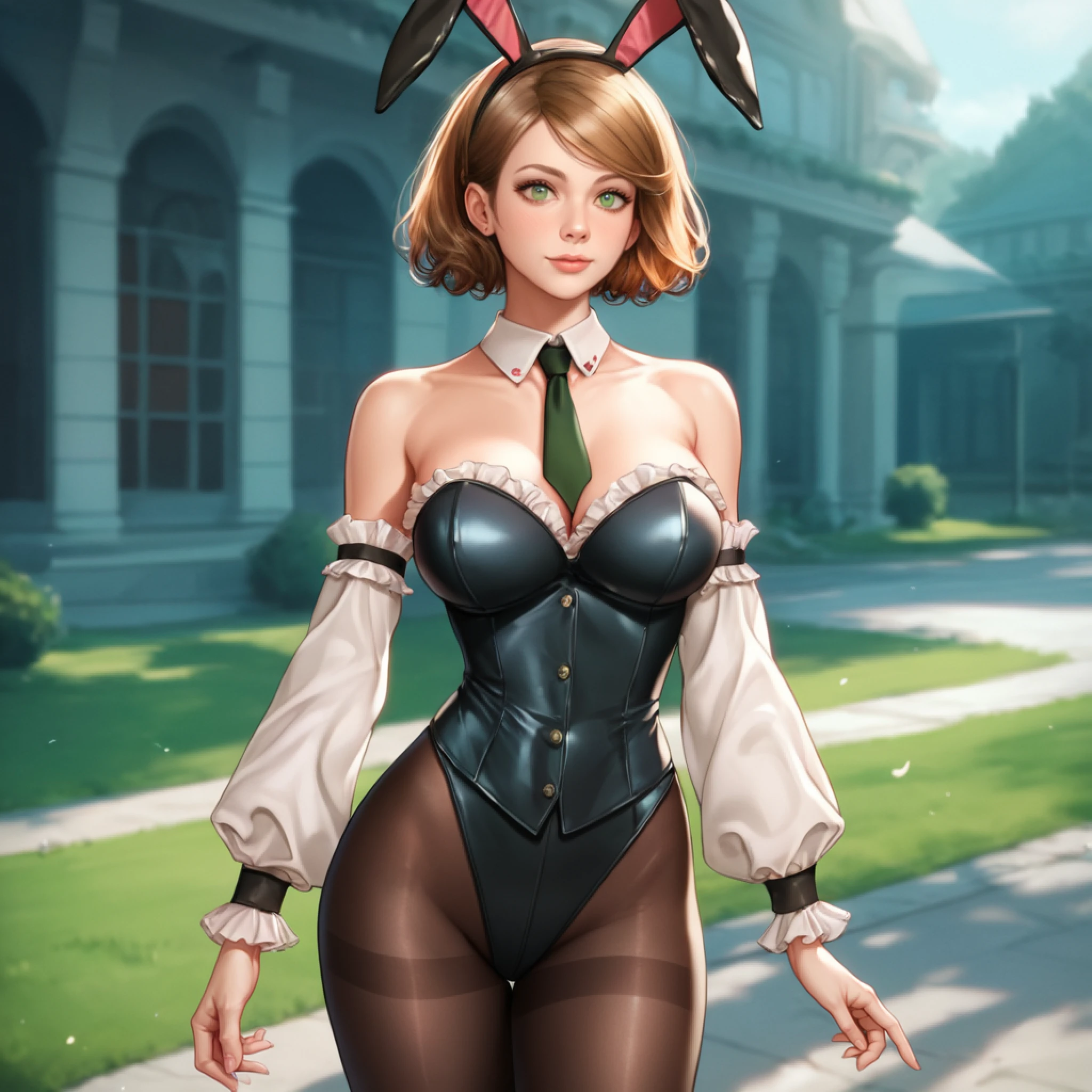 Emma Watson, the talented actress, is portrayed in an elegant yet playful bunny costume that exudes confidence and allure. She wears a fitted black corset with a fluffy white tail attached, accentuating her curves. The bunny ears atop her head add a touch of whimsy to the ensemble. Emma's smoky eye makeup and a seductive smile create an irresistible charm, capturing attention in any room she enters. She playfully holds a golden carrot-shaped prop, adding a hint of cheekiness to the overall look.