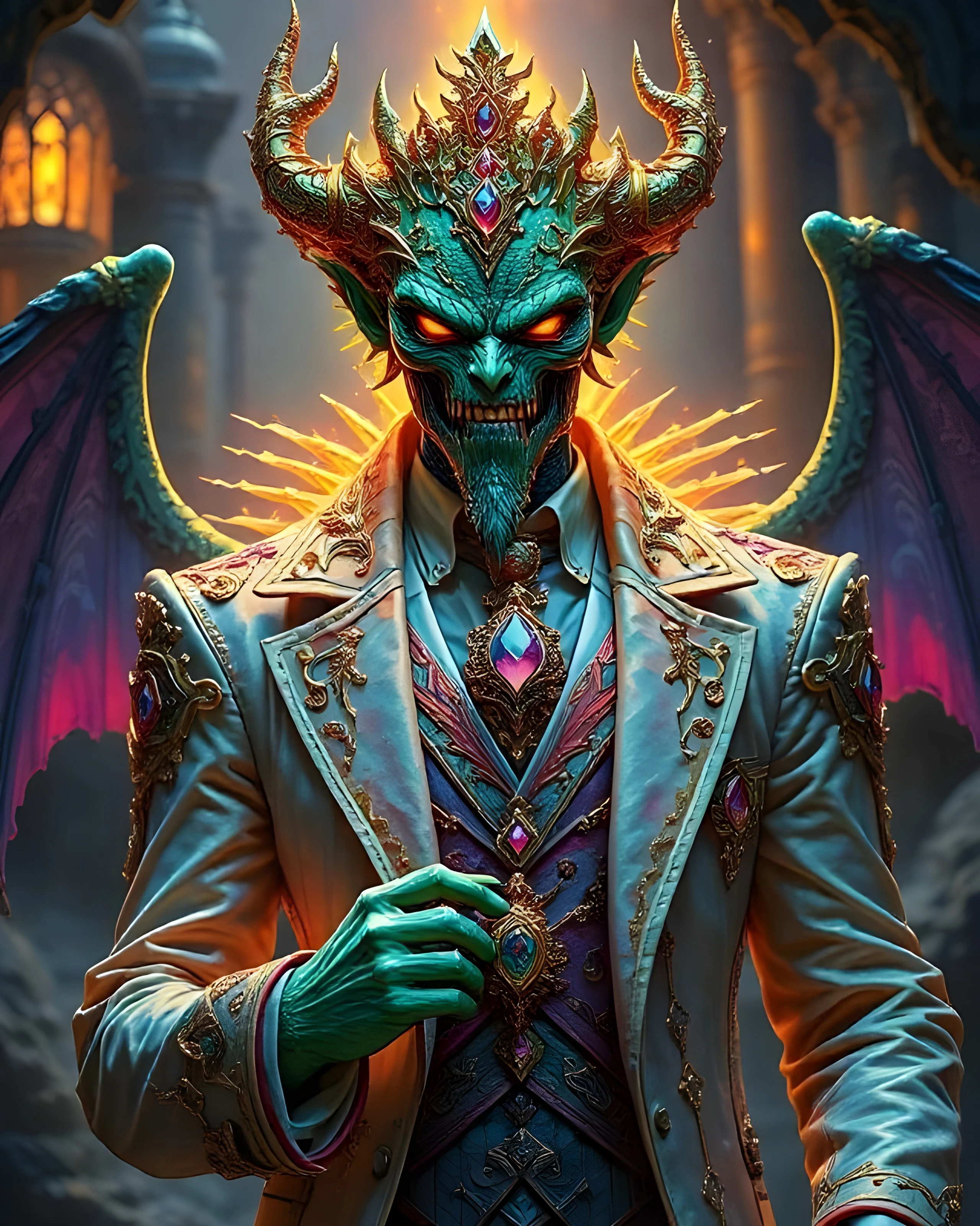 A regal demon figure stands confidently, featuring an ornate white suit adorned with gold and colorful gemstones. Its skin is a vivid green, and it has menacing red eyes and sharp facial features, accentuated by prominent horns and a crown-like headpiece. Majestic wings extend from its back, blending shades of purple and red. The background suggests a dark, mystical setting with glowing architectural elements, enhancing the character's otherworldly presence.