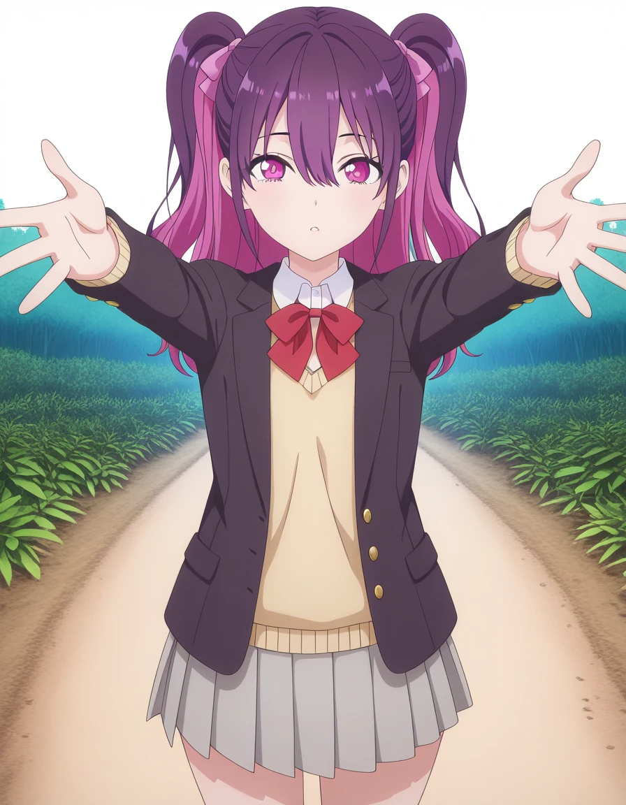masterpiece, best quality, amazing quality,, <lora:mikari-tachibana-s1-illustriousxl-lora-nochekaiser:1>, mikari tachibana, long hair, bangs, hair between eyes, twintails, purple eyes, pink hair, purple hair, multicolored hair, two-tone hair, two side up, mature female, small breasts, anime screencap, skirt, bow, jacket, pleated skirt, blazer, grey skirt, black blazer, sweater vest, collared shirt,, on back, arm support, arms up, incoming hug, pov, reaching, reaching towards viewer,, path, dirt, nature, walk, plants, cowboy shot, solo, looking at viewer, <lora:transparent-background-illustriousxl-lora-nochekaiser:1>, transparent background, simple background, white background