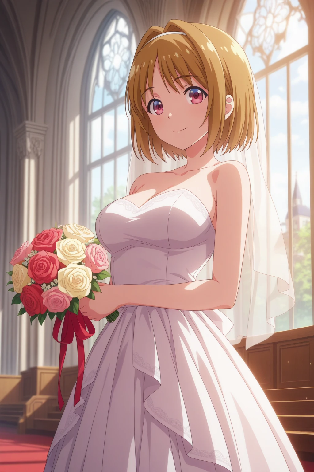 very awa, (vivid colors), detailed eyes, shining eyes, masterpiece, best quality, ultra-detailed, (8k), (hdr), (ultra-detailed), absurdres, looking at viewer, solo, 1girl, girl, indoors, church, day, smile, aakikyou, red eyes, brown hair, hair intakes, white hairband, wedding dress, white wedding dress, strapless dress, anime coloring, ((standing, holding bouquet, cowboy shot))