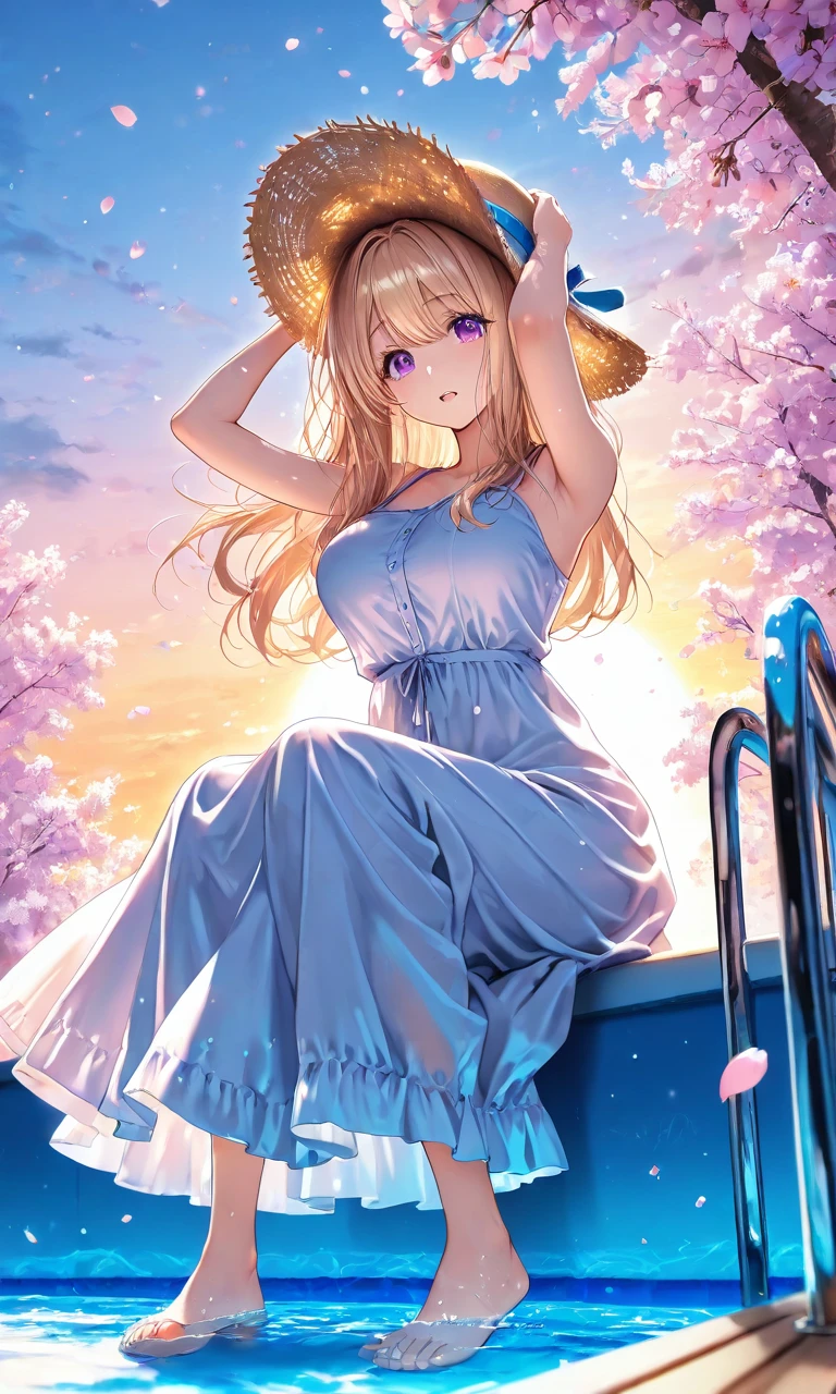 masterpiece, newest, absurdres, cute, lovely, (best quality:1.3), best quality, (amazing quality:1.3), very aesthetic, high resolution, 1girl, solo, purple eyes, high gradient eyes, wide waist, big breasts, sagging_breasts, blonde_and_yellow hair, long hair, multicolored hair, gradient hair, very cute, cute details, cute colors, skinny, seducing viewer, very excited, BREAK, cherry blossoms background, delicate skin texture, fair skin, delicate face, long eyelashes, bright tones, wind, light particles, light, bright tones, motion lines, extremely detailed, intricate, delicate details, movie lighting, very beautiful, absurd, (Illustration: 1.2), (8K Wallpaper), (Beautiful, pretty eyes: 1.2), Delicate eyes, beautiful, soft colors, clear line, soft, colorful, swimming_pool, sunset, sun, sitting, view from below, (sitting on the edge of the pool), (feet in the pool), summer dress, long dress, white dress, summer hat, straw_hat, (holding the hat on his head), arms_above_head, (one_arms_up:1.2),