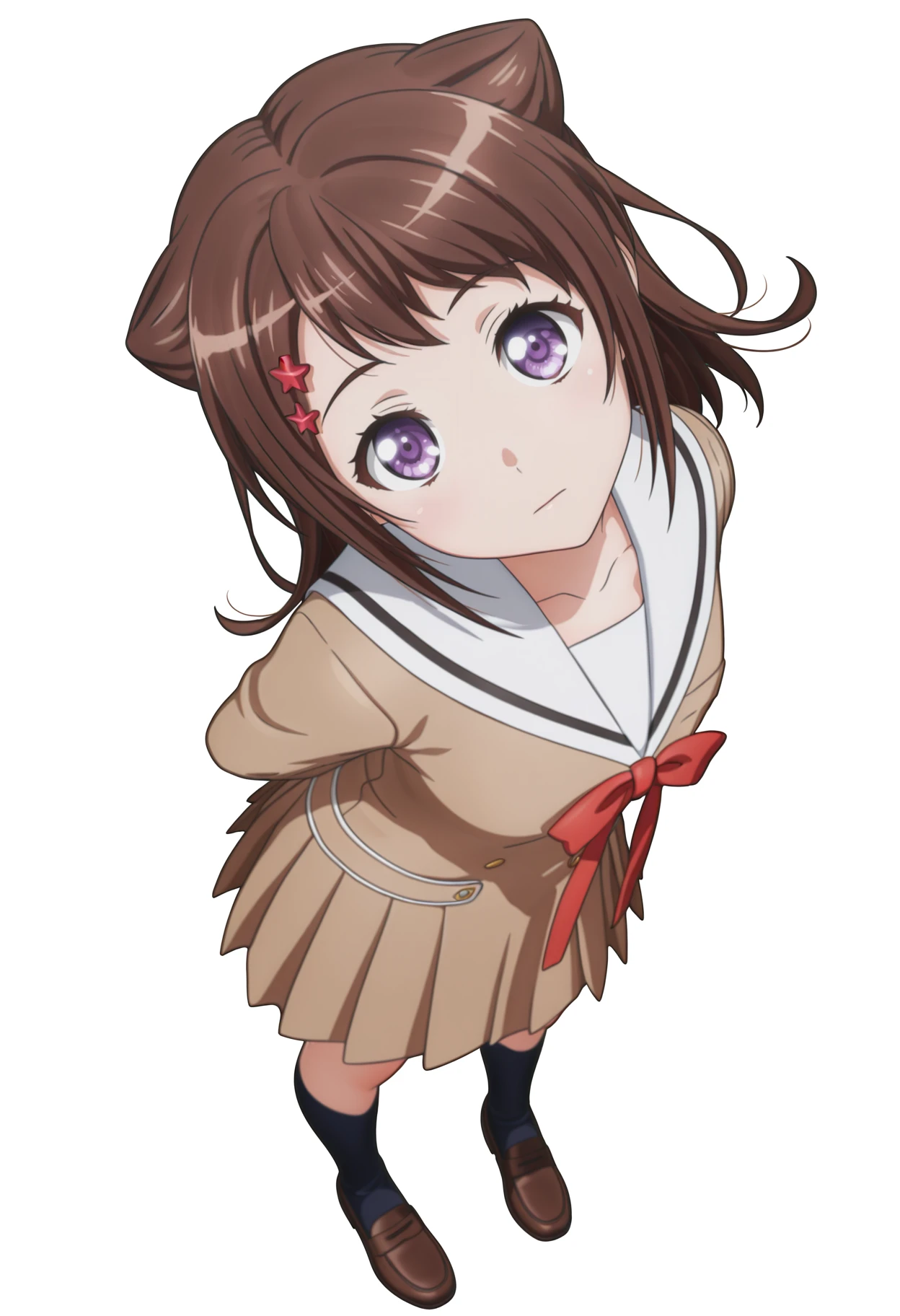 Smooth_Quality, absurdres, absurd res, 1girl, solo, anime screenshot, official style,
<lora:Toyama_Kasumi_-_BanG_Dream:1> tkasumi, medium hair, brown hair, double bun, hair bun, hair ears, sidelocks, star hair ornament, star \(symbol\), purple eyes, anime screenshot, hanasakigawa school uniform, white sailor collar, brown shirt, red ribbon, neck ribbon, long sleeves, brown skirt, dark blue socks, kneehighs, loafers,
expressionless,
looking at viewer, (waist-up shot), (medium shot), (head tilt:1.3), arms behind back,
white background, simple background, from above,
<lora:E - Dynamic Poses - IL - N4Talent:2> dynamic pose, foreshortening, extreme perspective, <lora:E - Angle Slide - IL - Mraclet:2>,