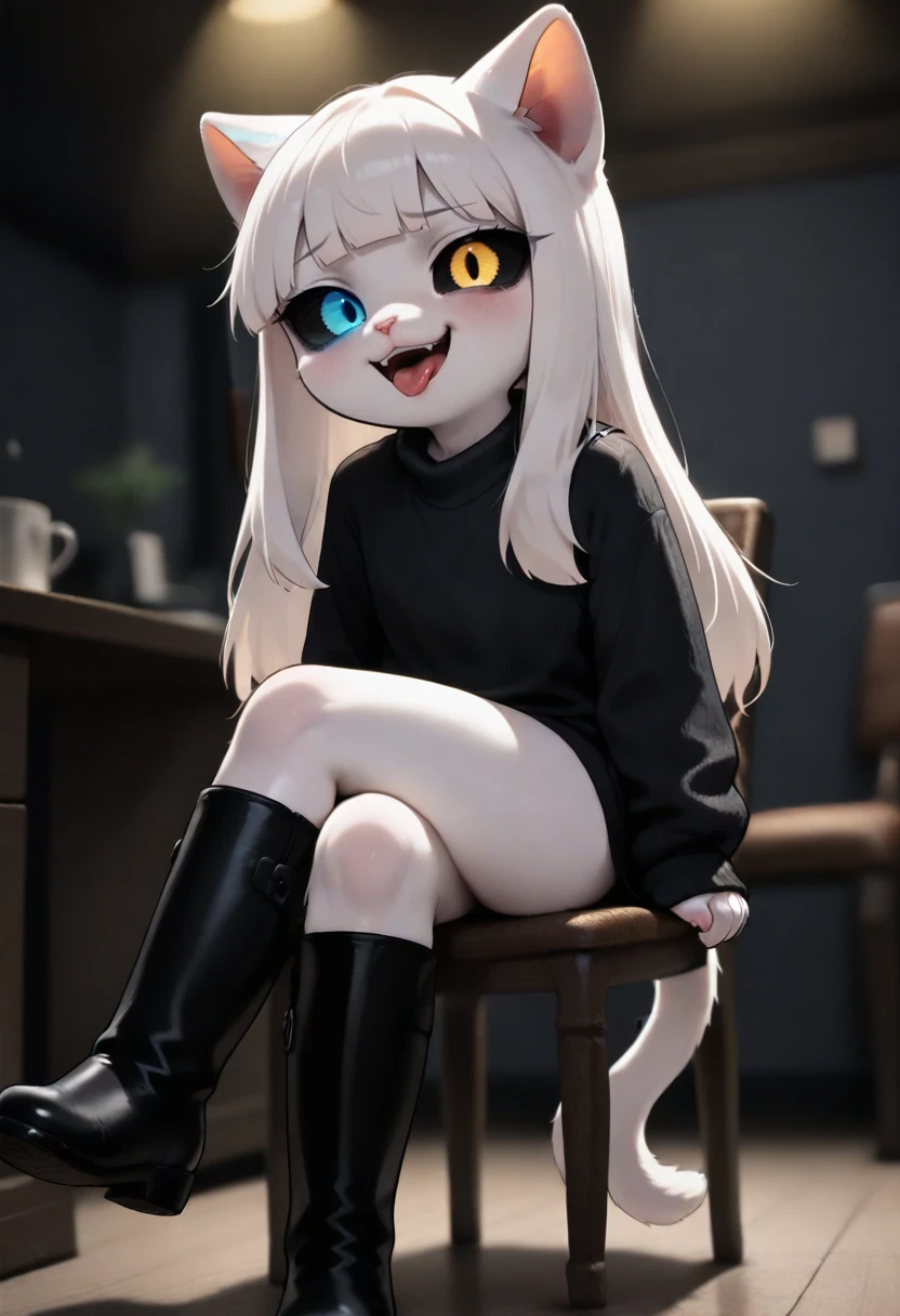 (a young black female wolf furry), black fur, cat-like face, white fur on jaw , white fur on belly, white fur on limb's edge, long white hair, straight bangs, brown eyes, tummy, fang, nude, in bedroom, pussy, leaning torso forward, kneeling down, wet pussy, aroused, a male cat furry, huge pink penis,pussy insertion, first person view, moaning, incest, cum,
