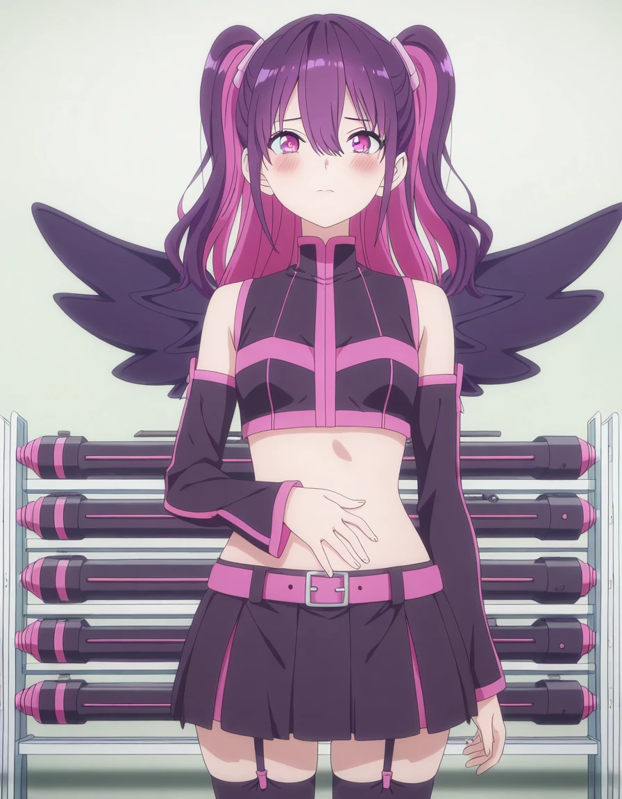 masterpiece, best quality, amazing quality,, <lora:mikari-tachibana-s1-illustriousxl-lora-nochekaiser:1>, mikari tachibana, long hair, bangs, hair between eyes, twintails, purple eyes, pink hair, purple hair, multicolored hair, two-tone hair, two side up, mature female, small breasts, anime screencap, skirt, shirt, thighhighs, pleated skirt, detached sleeves, wings, sleeveless, midriff, belt, black thighhighs, miniskirt, black skirt, zettai ryouiki, crop top, two side up, garter straps, black sleeves, pink belt, hand on stomach, blush,, armory, weapons, armor, storage_racks, military, cowboy shot, solo, looking at viewer,