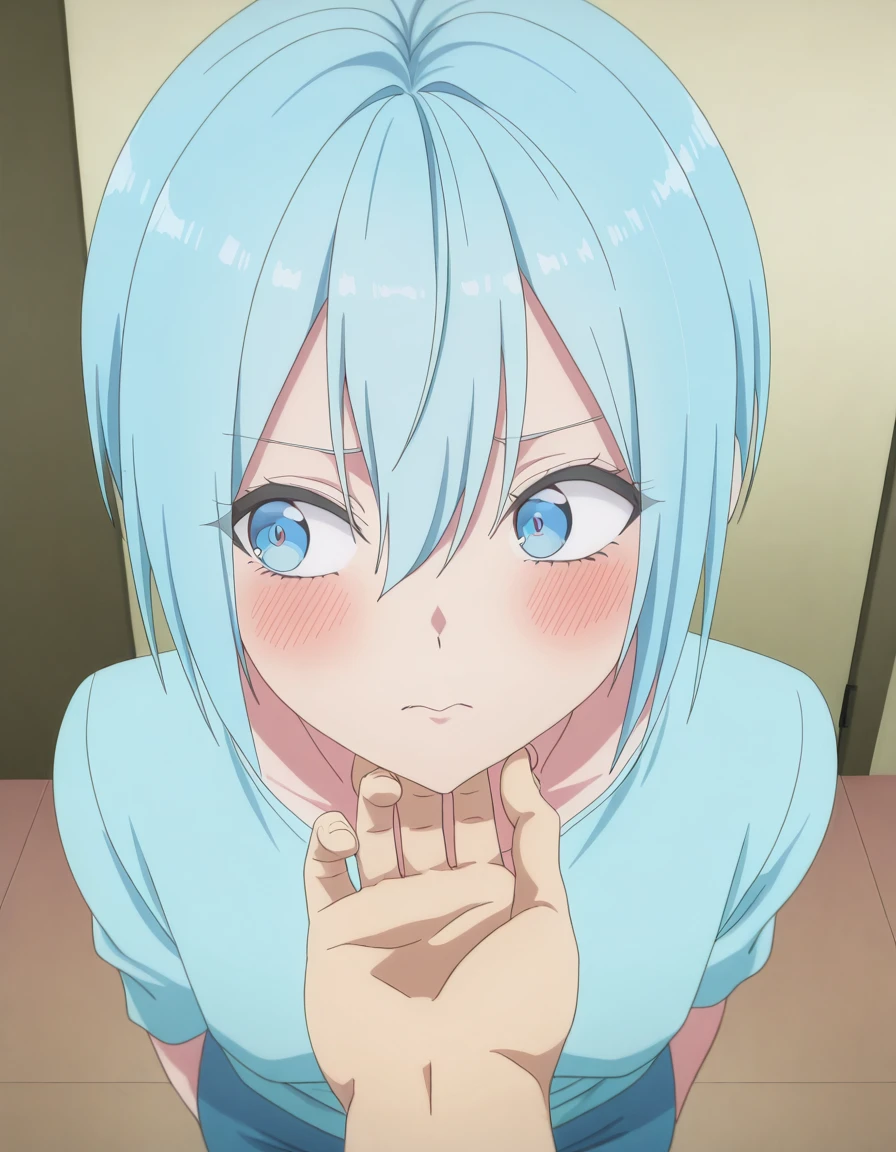 masterpiece, best quality, amazing quality,, <lora:dimensionalseduction-nonoa-s1-illustriousxl-lora-nochekaiser:1>, nonoa, short hair, blue eyes, blue hair, mature female, small breasts, anime screencap, <lora:stroking-anothers-chin-pov-illustriousxl-lora-nochekaiser:1>, stroking another's chin pov, stronking another's chin, pov, pov hands, blush, cowboy shot, looking to the side,, ,