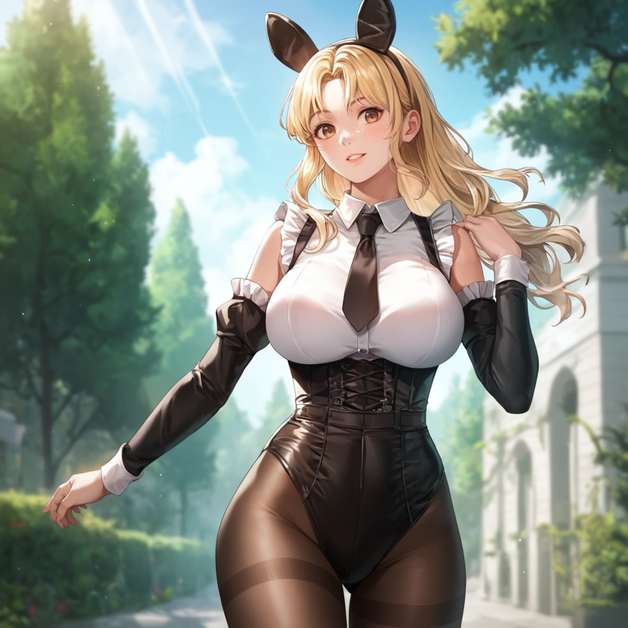 Anime Kawaii sexy Perfect Slim sensual body large breast and huge thighs, An intricate and highly detailed illustration of anime (Young girl). A beautiful bunny girl with blonde hair wearing a colorful pantyhose costume, detailed facial features, highly detailed, 8k, photorealistic, dynamic lighting, fantasy, vibrant colors, masterpiece