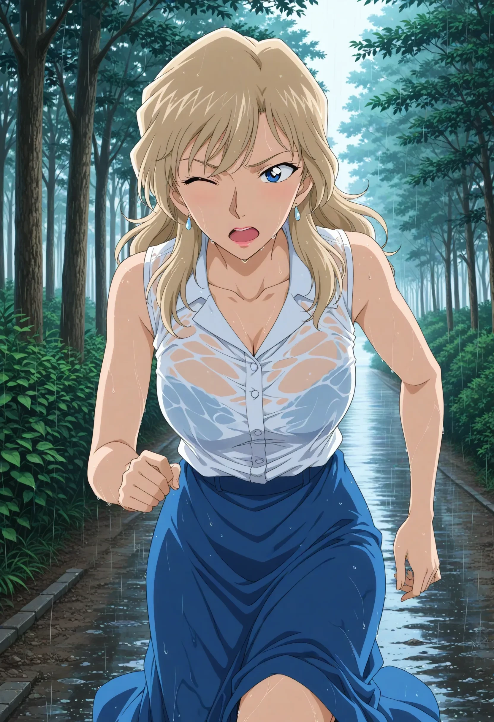 1girl,solo,masterpiece,best quality,anime screenshot, anime coloring, (meitantei conan:0.2),
<lora:akimoto_saeko_conan_v1_IL:0.8>,akimoto saeko,light blonde hair,long hair,tsurime,collarbone, wavy hair,white earrings,blue long skirt, white collared shirt, sleeveless buttons,
cowboy shot,open mouth, standing,raised eyebrow,outdoors, rain, <lora:NoobV065sHyperDmd:1>,running, forest, one eye closed, wet,motion lines, leg up