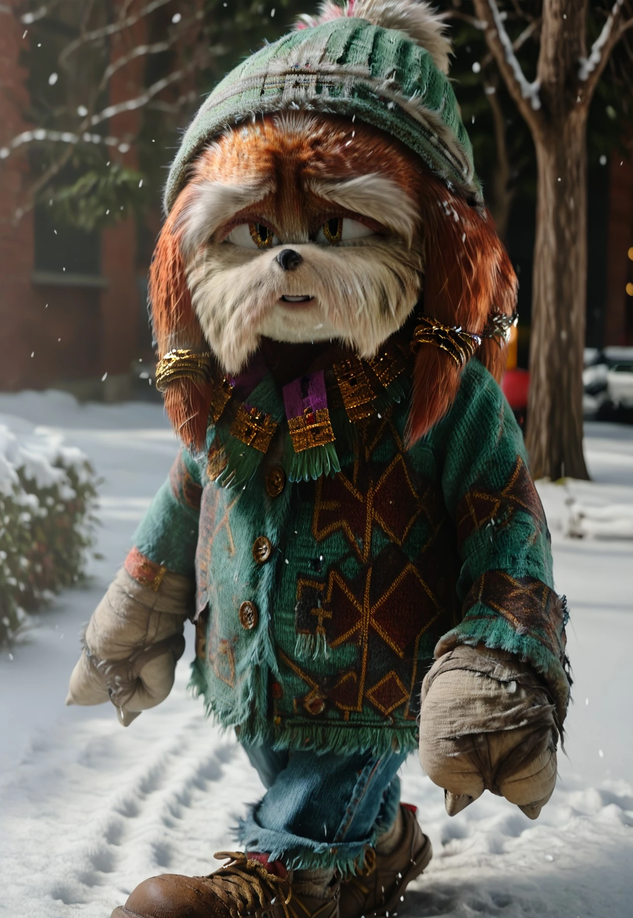 score_9, score_8_up, score_7_up, (best quality), ultra-detailed, high resolution, 8k, Pachacamac, elderly furry male, anthro echidna, 3d, cgi, photorealistic, full body, outside, park, winter, snow, green beanie, purple scarf, green sweatshirt, jeans, brown shoes, globves with spikes, walking