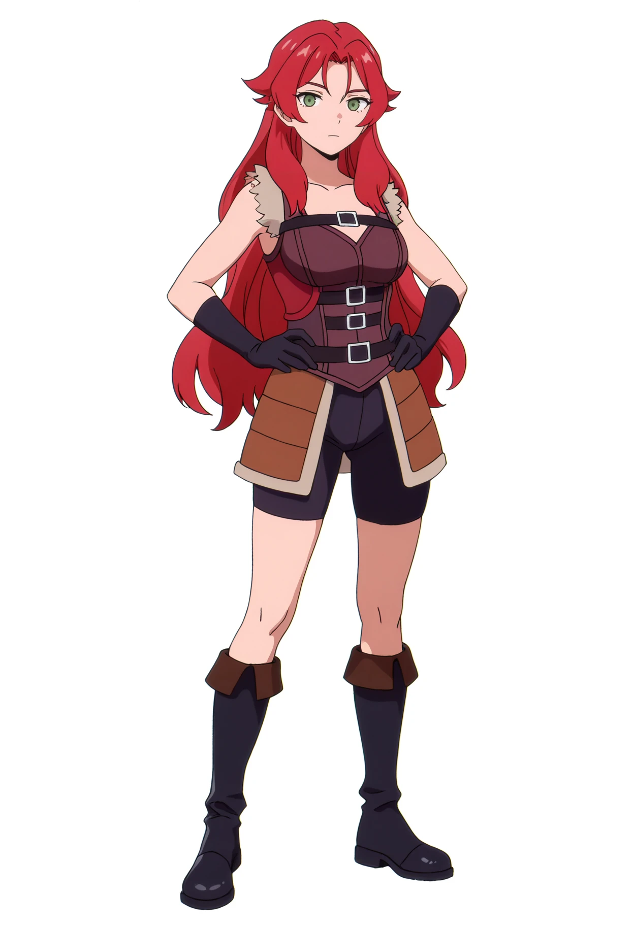 masterpiece, best quality, very aesthetic, absurdres,
1girl, merilda, long hair, red hair, green eyes,
fur trim, armor, sleeveless, black gloves, bike shorts, boots,
standing, full body, hands on hips,
looking at viewer, solo, simple background, white background, <lora:MerildaNoobXL_byKonan:1>