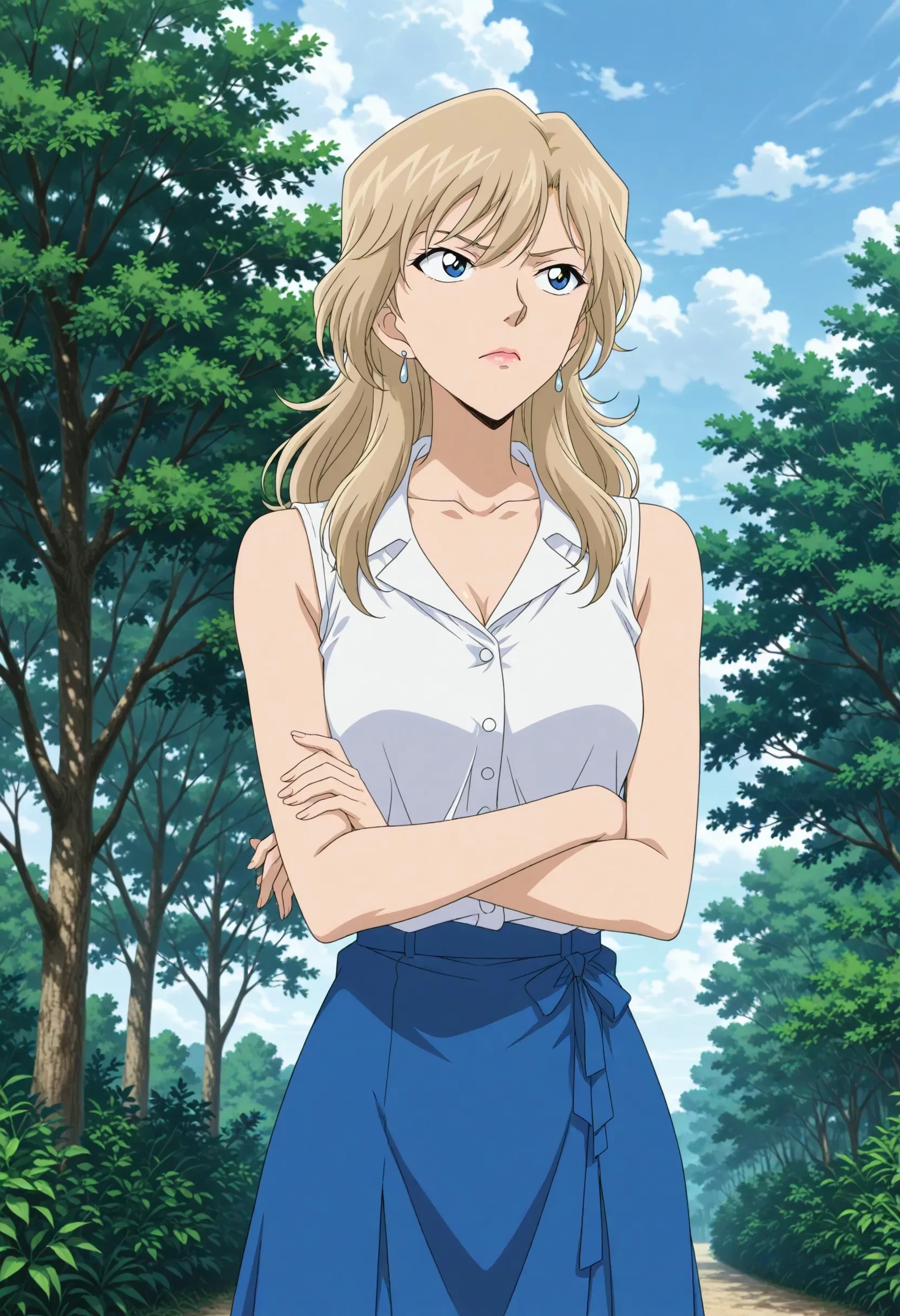 1girl,solo,masterpiece,best quality,anime screenshot, anime coloring, (meitantei conan:0.2),<lora:NoobV065sHyperDmd:1>,
<lora:akimoto_saeko_conan_v1_IL:0.8>,akimoto saeko,light blonde hair,long hair,tsurime,collarbone, wavy hair,white earrings,blue long skirt, white collared shirt, sleeveless buttons,
cowboy shot,closed mouth, frown, facing up, averting eyes,outdoors, forest, cloudy sky,crossed arms, looking to the side,