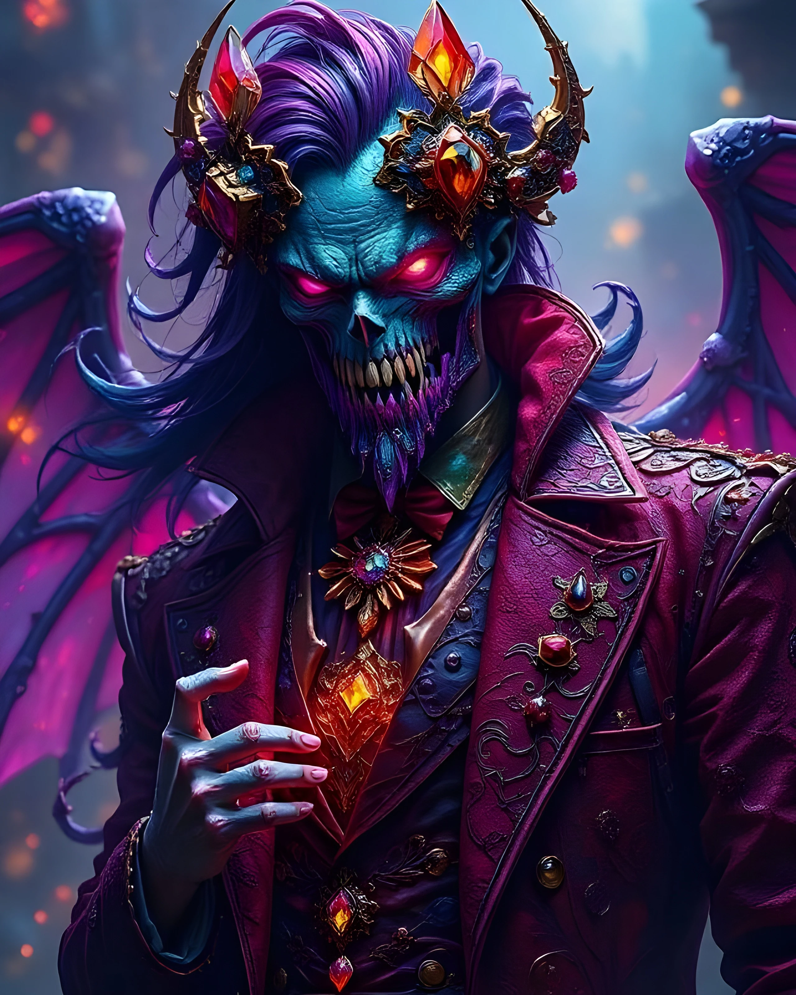 A beautifully detailed, fantastical character with a skeletal skull, vibrant blue skin, and long flowing purple hair. He wears an ornate, deep red suit adorned with intricate patterns and various gemstones. The character has large, bat-like wings with a translucent quality and glowing red eyes that exude a mystical aura. His hand gestures toward the viewer, displaying elongated fingers. The background features a soft, ethereal glow, enhancing the dramatic and otherworldly atmosphere.