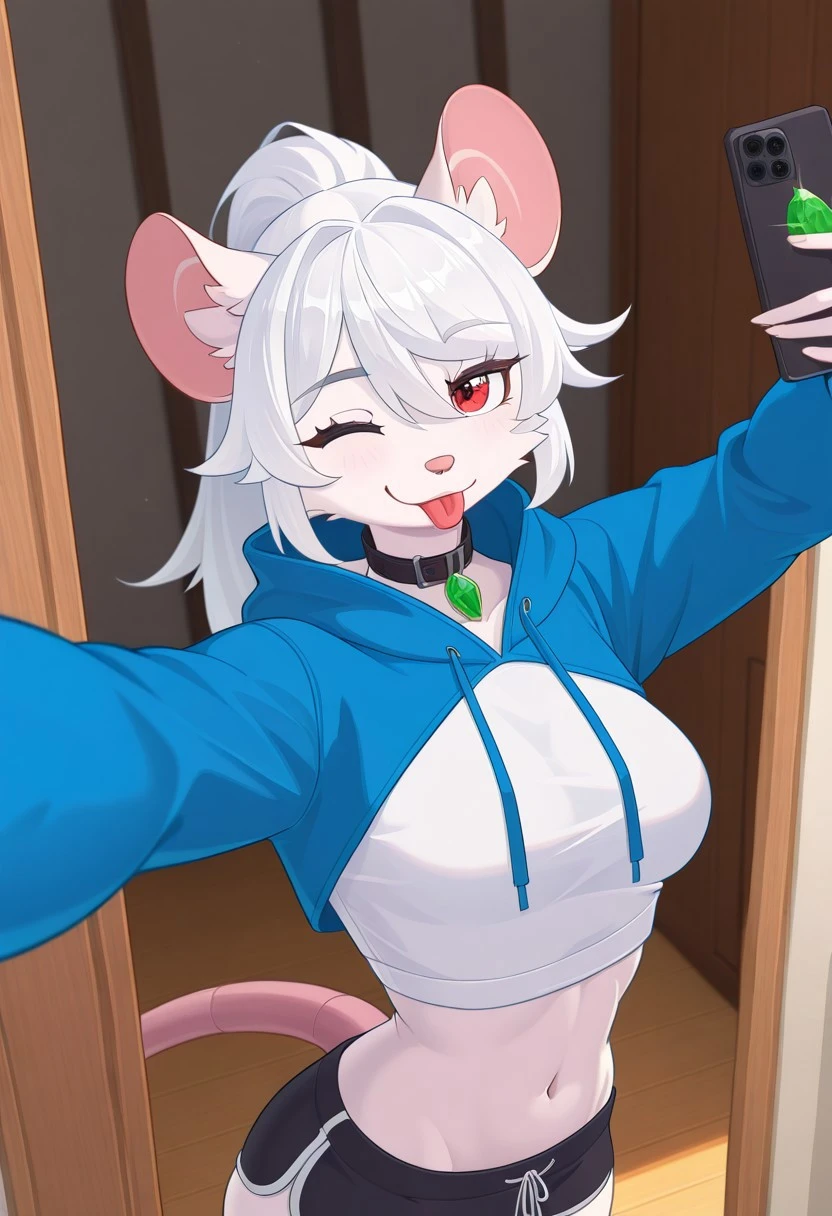 SkyKainIChooseYou, 1 girl, rat girl, anthro, solo, white hair, SnikchSkKain, red eyes, SnikchHair, PastelPurpleFur, SnikchEars, BrightGrayUnderfur, WhiteNoseSnikch, , rat tail. white shirt, open black with blue other side hoodie, black collar with green stone, black mini shorts, midriff, taking a selfie, winking, one eye closed, head tilting, piece sign, tongue out, indoors, canalization, sewers, green water,
SkyKainIChooseYou,
masterpiece, best quality, newest, absurdres, highres, ,amazing quality, (masterwork, masterpiece, best quality, hyper-detailed, 8k uhd::1.4),,high resolution,ultra-detailed,,, masterpiece, best quality, very aesthetic, detailed eyes, perfect eyes, realistic eyes,