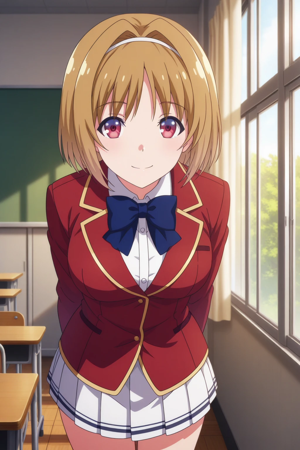 very awa, (vivid colors), detailed eyes, shining eyes, masterpiece, best quality, ultra-detailed, (8k), (hdr), (ultra-detailed), absurdres, looking at viewer, solo, 1girl, girl, indoors, classroom, day, smile, aakikyou, red eyes, brown hair, hair intakes, white hairband, kikyouschool, school uniform, blue bowtie, white dress shirt, red blazer, white skirt, pleated skirt, ((standing, cowboy shot))