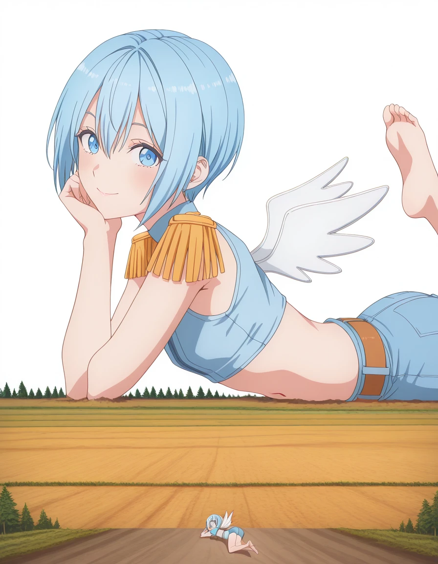 masterpiece, best quality, amazing quality,, <lora:dimensionalseduction-nonoa-s1-illustriousxl-lora-nochekaiser:1>, nonoa, short hair, blue eyes, blue hair, mature female, small breasts, anime screencap, navel, wings, midriff, belt, crop top, epaulettes, <lora:the-pose-illustriousxl-lora-nochekaiser:1>, the pose, on stomach, feet up, lying, soles, feet, legs up, head rest, barefoot, from side, looking at viewer, ass, smile, blush, sideboob, bike ride, countryside, dirt road, trees, afternoon sun, peaceful, alone, cowboy shot, solo, looking at viewer, <lora:transparent-background-illustriousxl-lora-nochekaiser:1>, transparent background, simple background, white background