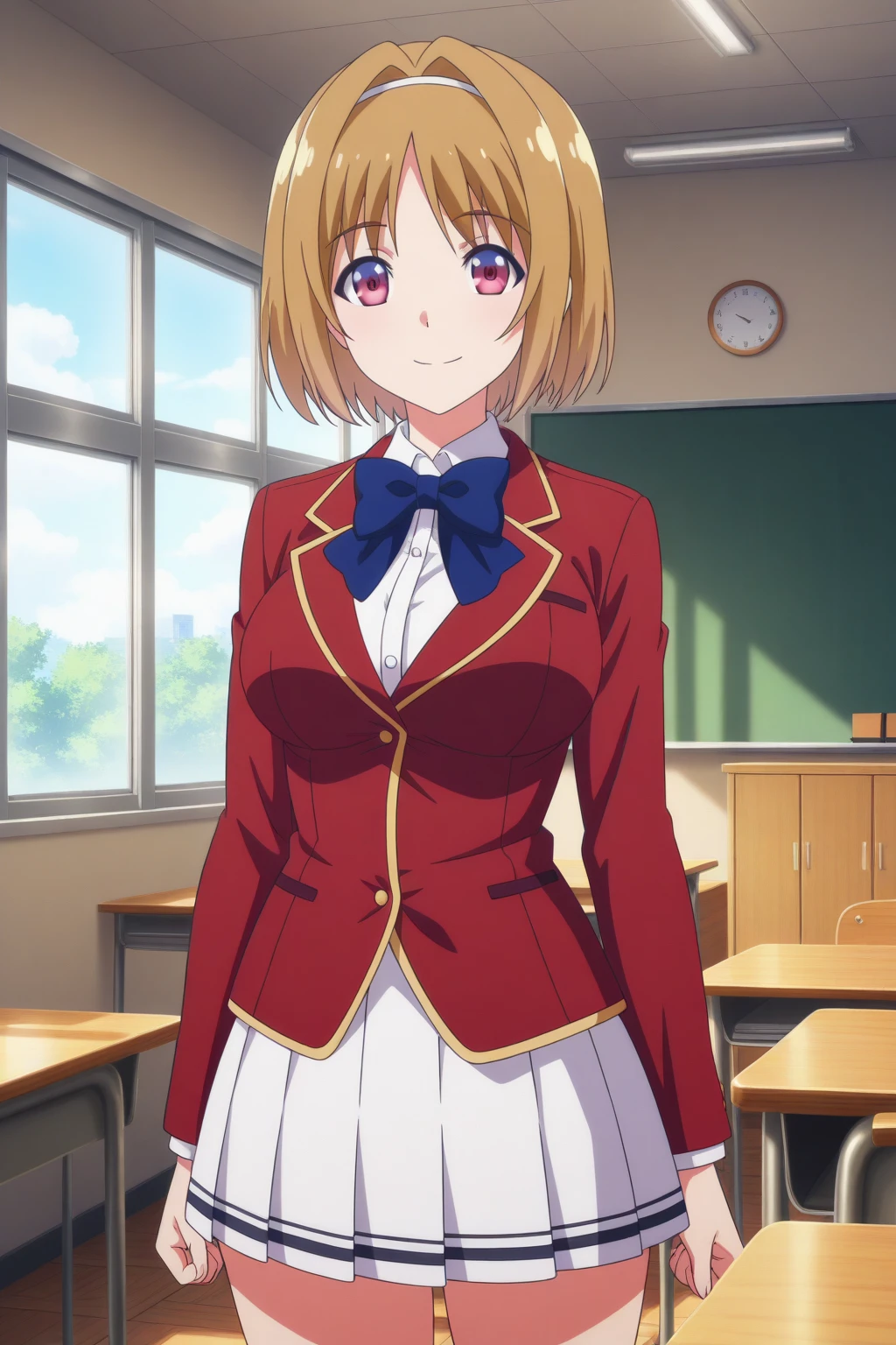 very awa, (vivid colors), detailed eyes, shining eyes, masterpiece, best quality, ultra-detailed, (8k), (hdr), (ultra-detailed), absurdres, looking at viewer, solo, 1girl, girl, indoors, classroom, day, smile, aakikyou, red eyes, brown hair, hair intakes, white hairband, kikyouschool, school uniform, blue bowtie, white dress shirt, red blazer, white skirt, pleated skirt, anime coloring, ((standing, cowboy shot))