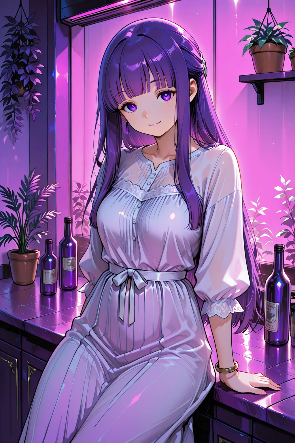 f4nt4sy, digital_painting, illustration, fern_(sousou_no_frieren), solo, female, purple_hair, long_hair, bangs, purple_eyes, smiling, sitting_at_bar, fancy_bar, bar_counter, bottles, potted_plant, light_colored_dress, lace_details, bracelet, indoors, purple_lighting, ambient_glow, vibrant_colors, soft_shading, clean_lines, high_detail, 4k, serene_expression, nightlife_scene.