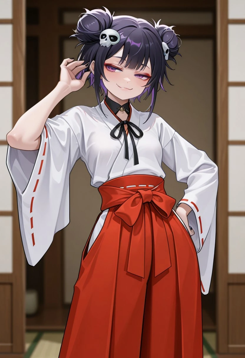 moonface, solo, 1girl, androgynous, eyeliner, small breasts, black nails, adjusting hair, black hair, short hair, skull hair ornament, purple eyes, neck ribbon, miko, japanese clothes, wide sleeves, red hakama, hips, ambient occlusion, chromatic aberration, depth of field, smile, smug, thin half closed eyes, looking away