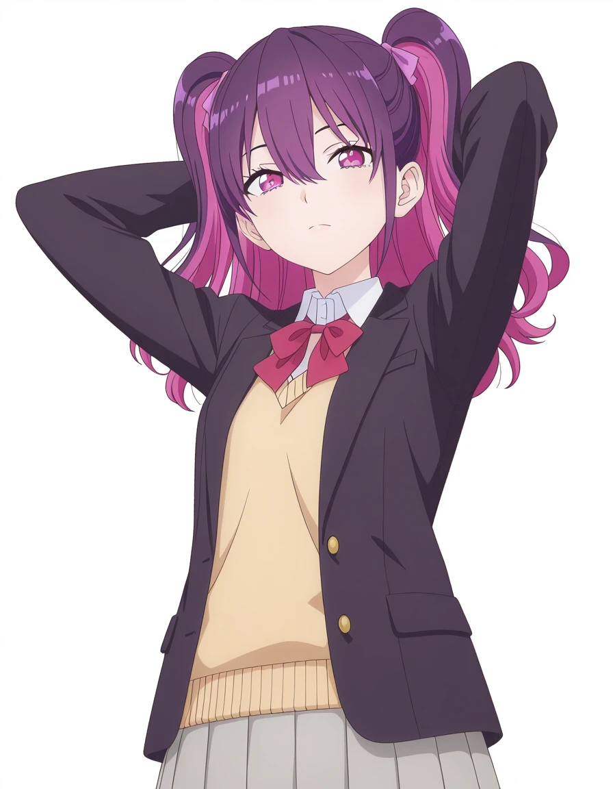 masterpiece, best quality, amazing quality,, <lora:mikari-tachibana-s1-illustriousxl-lora-nochekaiser:1>, mikari tachibana, long hair, bangs, hair between eyes, twintails, purple eyes, pink hair, purple hair, multicolored hair, two-tone hair, two side up, mature female, small breasts, anime screencap, skirt, bow, jacket, pleated skirt, blazer, grey skirt, black blazer, sweater vest, collared shirt,, hands behind head,, nature, trees, animals, landscape, open, cowboy shot, solo, looking at viewer, <lora:transparent-background-illustriousxl-lora-nochekaiser:1>, transparent background, simple background, white background