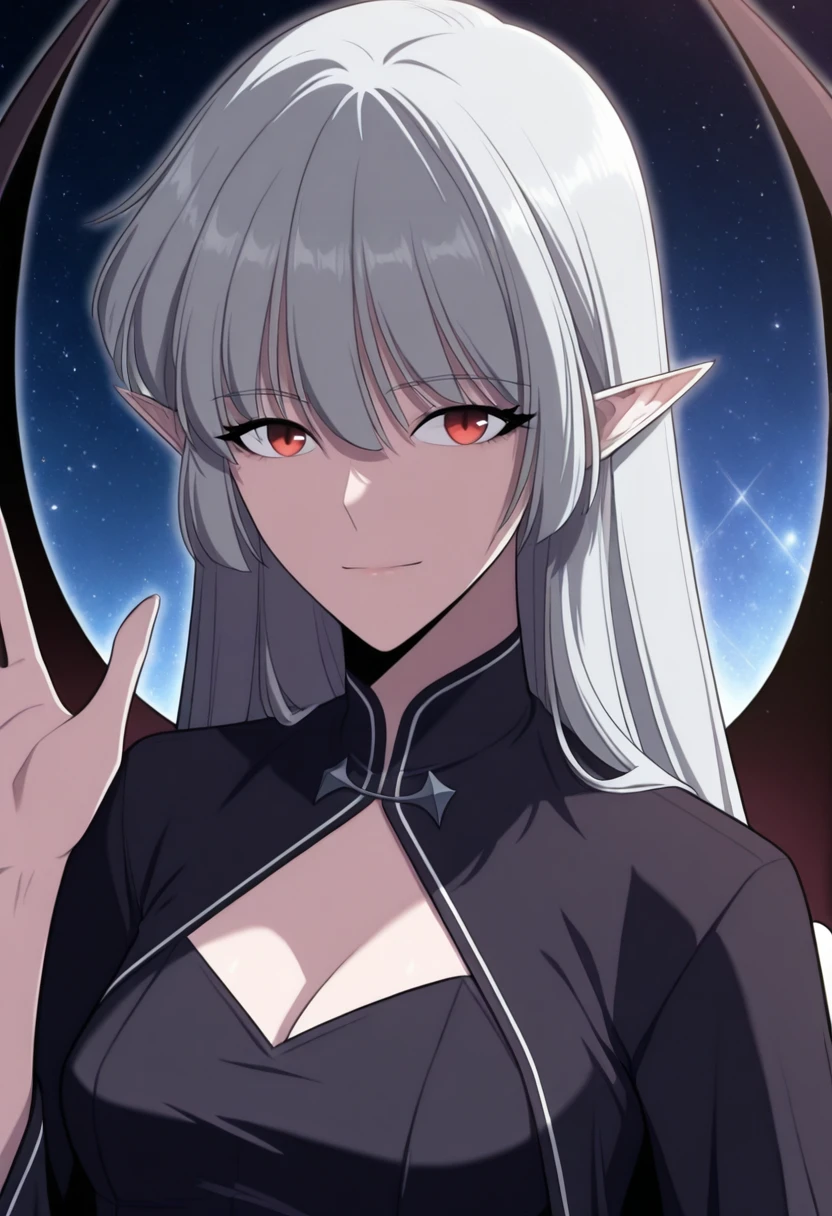 <lora:AliceF7:0.8>,1girl,red eyes,devil_eyes,long hair,grey hair,hair between eyes,pointy ears,flowing hair,medium breast,cleavage || VampireDZ1,black dress,pencil dress,high collar,collared dress,cut-out dress,white trim,black robe,long sleeves,flowing robe,flared cuffs,red lining,|| bat wings,demon wings,<lora:manhwaStyle-000020:1>,(waving at viewer:1.3),galaxy background,light particles,light smile,cosmic background,portrait,no building,facing viewer,