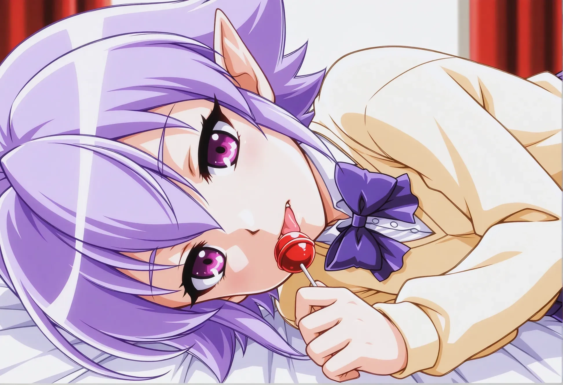 <lora:dmd2_sdxl_4step:0.9>,<lora:reduce_wrinkles_illustrious_v1.2:1.5>,safe,best quality,very aesthetic,absurdres,newest,masterpiece,1girl,solo,highres,lying, on side, holding lollipop, licking, tongue, upper body, straight-on,,pov,worry,,half-closed eyes,,<lora:il-magihallo-dorakiyura:0.85>,magical halloween,dorakiyura,purple hair,short hair,ahoge,hair between eyes,purple eyes,pointy ears,fang,flat chest,aged down,school uniform,collared shirt,sweater,pleated skirt,bowtie,