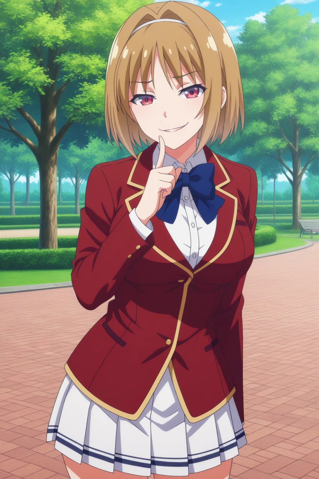 very awa, (vivid colors), detailed eyes, shining eyes, masterpiece, best quality, ultra-detailed, (8k), (hdr), (ultra-detailed), absurdres, looking at viewer, solo, 1girl, girl, outdoors, park, day, smile, aakikyou, red eyes, brown hair, hair intakes, white hairband, kikyouschool, school uniform, blue bowtie, white dress shirt, red blazer, white skirt, pleated skirt, anime coloring, ((standing, finger to chin, evil smile, cowboy shot))