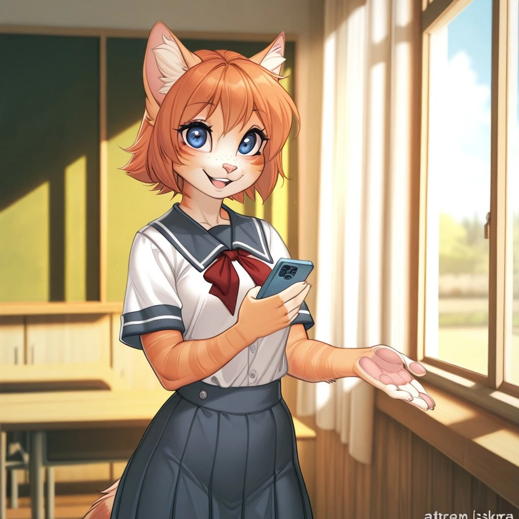 best quality, beautiful, detailed, dynamic lighting, veraIskra, orange hair, tabby cat, blue eyes, freckles, solo, 1girl, female, smile, holding coffee in one hand, holding cellphone, school uniform, furry, inside, looking at viewer, sunilght, day, classroom, by iskra, cute, open mouth