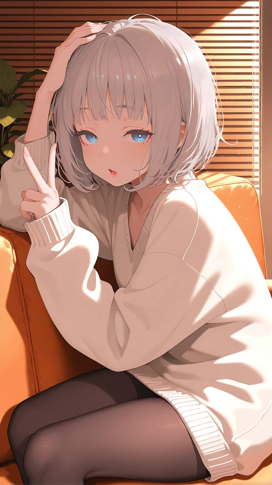 masterpiece, best quality, amazing quality,,newest, absurdres, highres,nsfw, ultra-detailed, stylized, nsfw, light particles,
<lora:vestiMage ill2n-000030:0.8> ,1girl, , grey hair, blue eyes, short hair bangs, ,1girl, solo, mohair sweater,
absurdres, 1girl, solo, glossy lips, ,, sitting on sofa, looking aside, from side, indoors, , relaxing, warm tone, (sunlight through venetian blinds), , ambient light, soft light, comiks,fgg, no lineart, flat color, plants, open mouth, looking at viewer, black pantyhose, hand on head, sleepy, v,
, <lora:add-detail-xl:0.8>, <lora:illustrious_flat_color_v2:1>, masterpiece,best quality,amazing quality,
