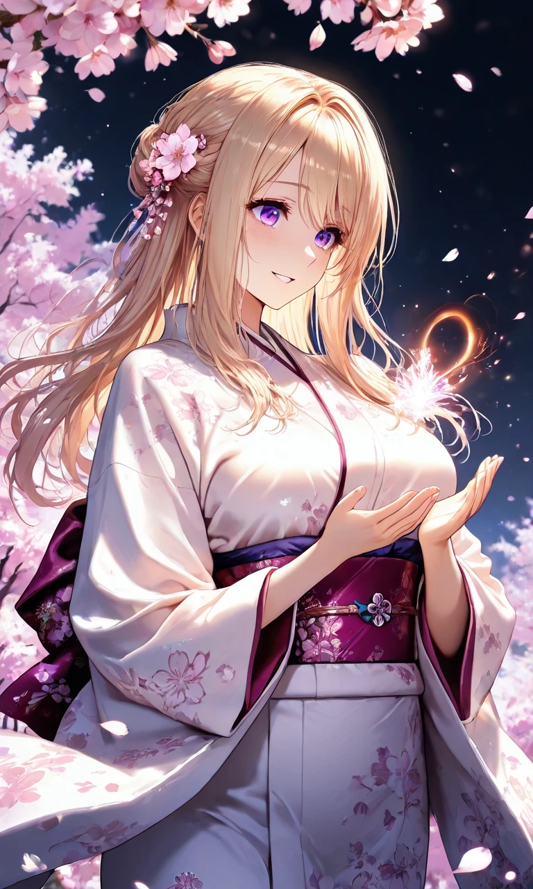 masterpiece, newest, absurdres, cute, lovely, (best quality:1.3), best quality, (amazing quality:1.3), very aesthetic, high resolution, 1girl, solo, purple eyes, high gradient eyes, wide waist, big breasts, sagging_breasts, blonde_and_yellow hair, long hair, multicolored hair, gradient hair, very cute, cute details, cute colors, skinny, seducing viewer, very excited, safe, BREAK, anime-style illustration, ethereal and elegant female character, delicate facial features, enchanting smile, soft glowing skin, beautiful anatomy, intricate floral hair accessory, traditional Japanese kimono, watercolor colors, flowing wide sleeves, soft pink obi belt, detailed floral patterns, gentle and graceful pose, cherry blossoms in full bloom, petals drifting in the air, warm glowing light, mystical and dreamlike atmosphere, nighttime setting, dark background contrasting with vibrant pink blossoms, subtle sparkles, high-quality shading and highlights, mesmerizing and otherworldly aesthetic, delicate hands, expressive eyes, soft and feminine aura, romantic and serene composition, artistic depth and realism, glowing fantasy elements, visually captivating and magical scene., shading with a muted color palette, close proximity, slightly parted lips and desire in their expressions, refined facial features, aesthetics, sophisticated composition, high-quality line work,
