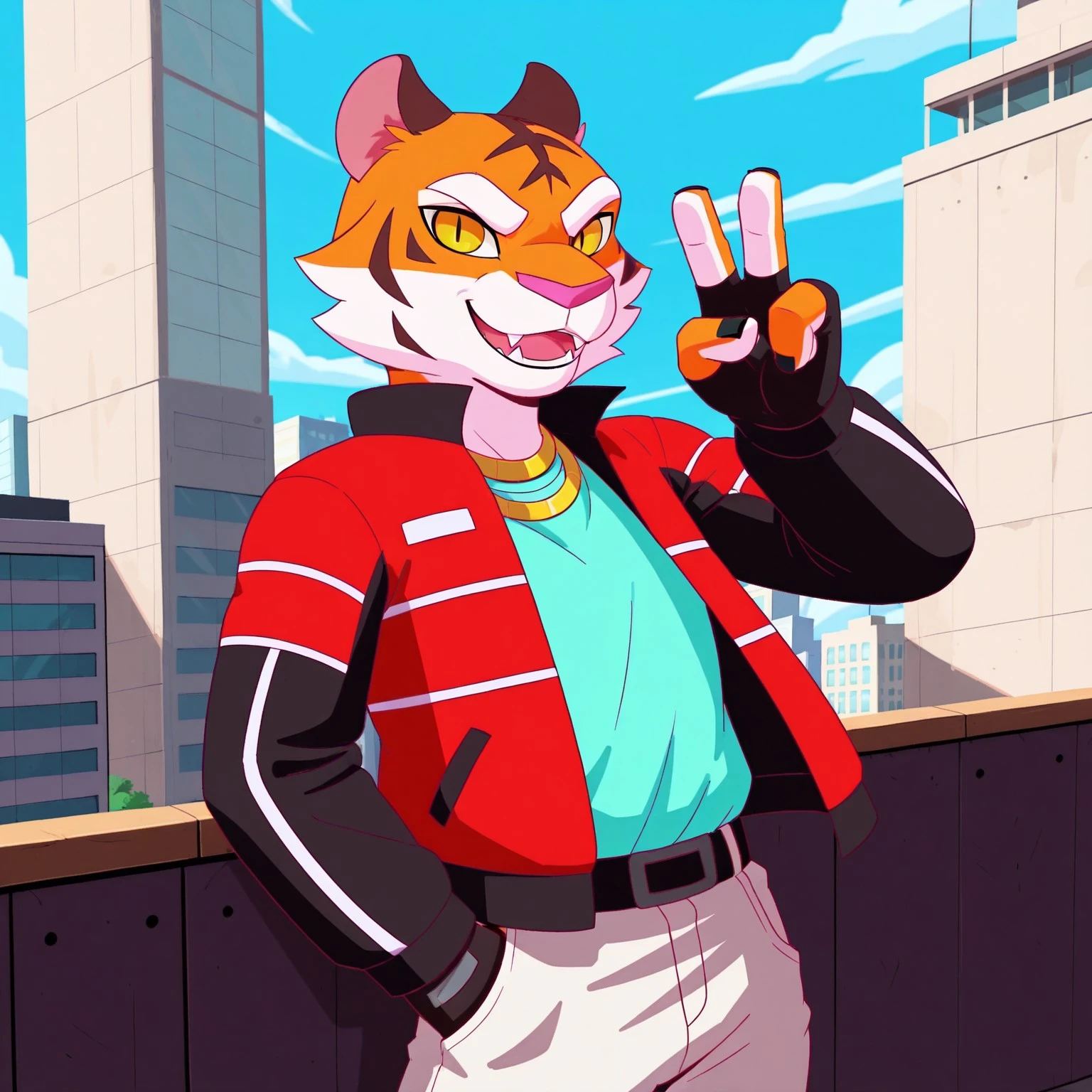 8k, uncensored, masterpiece, best quality, highly detailed, cartoon, 1girl, solo, SableFF, furry female, anthro, felid, tiger, pink inner ear, cheek tuft, white eyebrows, yellow eyes, black pupils, slit pupils, pink nose, orange fur, , red and black jacket, multicolored jacket, light-blue shirt, black fingerless gloves, black belt, shirt tucked in, white pants, (standing, blue sky, afternoon, top of building, city with white buildings, front view, detailed background, (4 fingers:1.3, black nails), ((looking at viewer)), open mouth, fangs, sharp teeth, peace sign, smile, white inner palms, gold necklace, hand in pocket