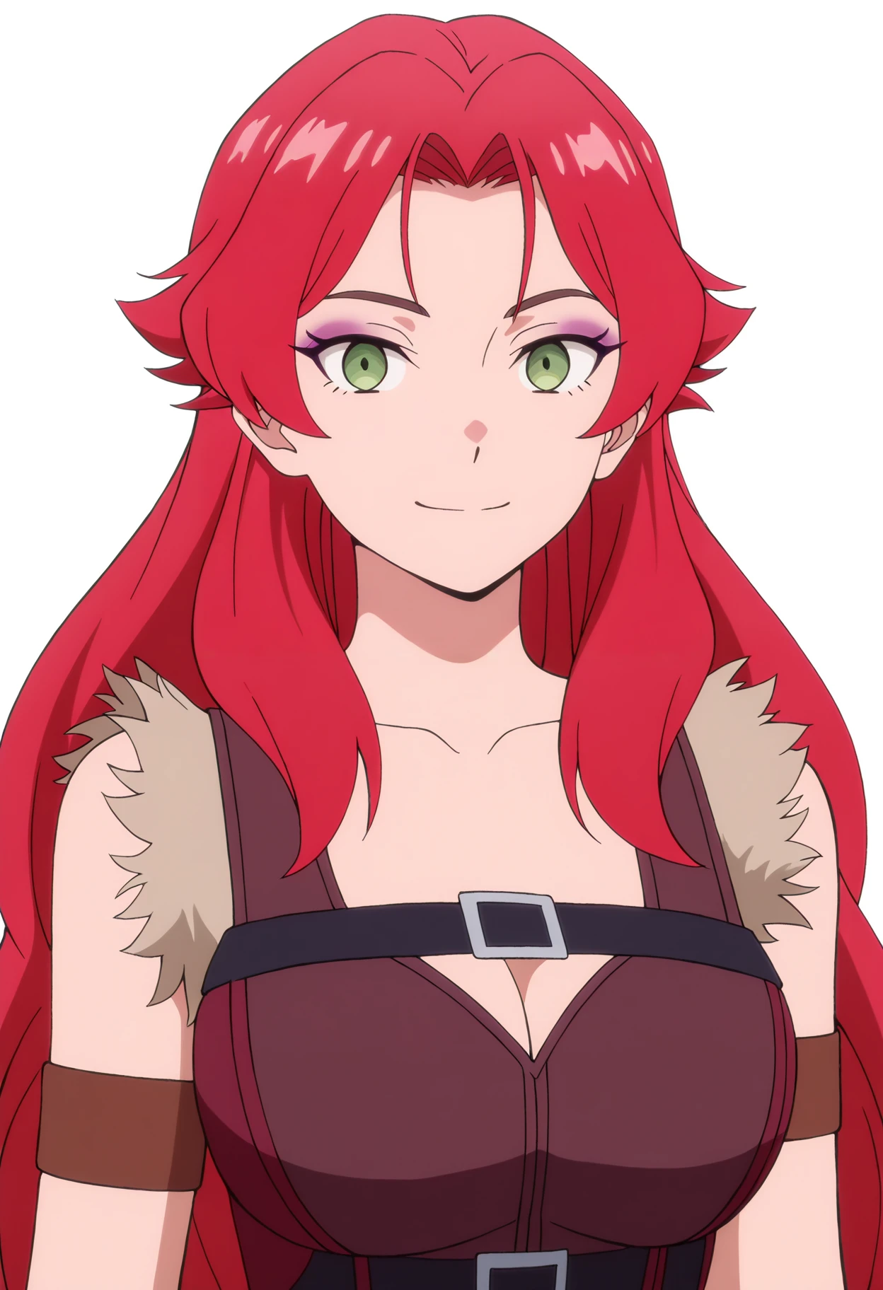 masterpiece, best quality, very aesthetic, absurdres,
1girl, merilda, long hair, red hair, green eyes, eyeshadow,
fur trim, armor, sleeveless,
upper body, smile,
looking at viewer, solo, simple background, white background, <lora:MerildaNoobXL_byKonan:1>