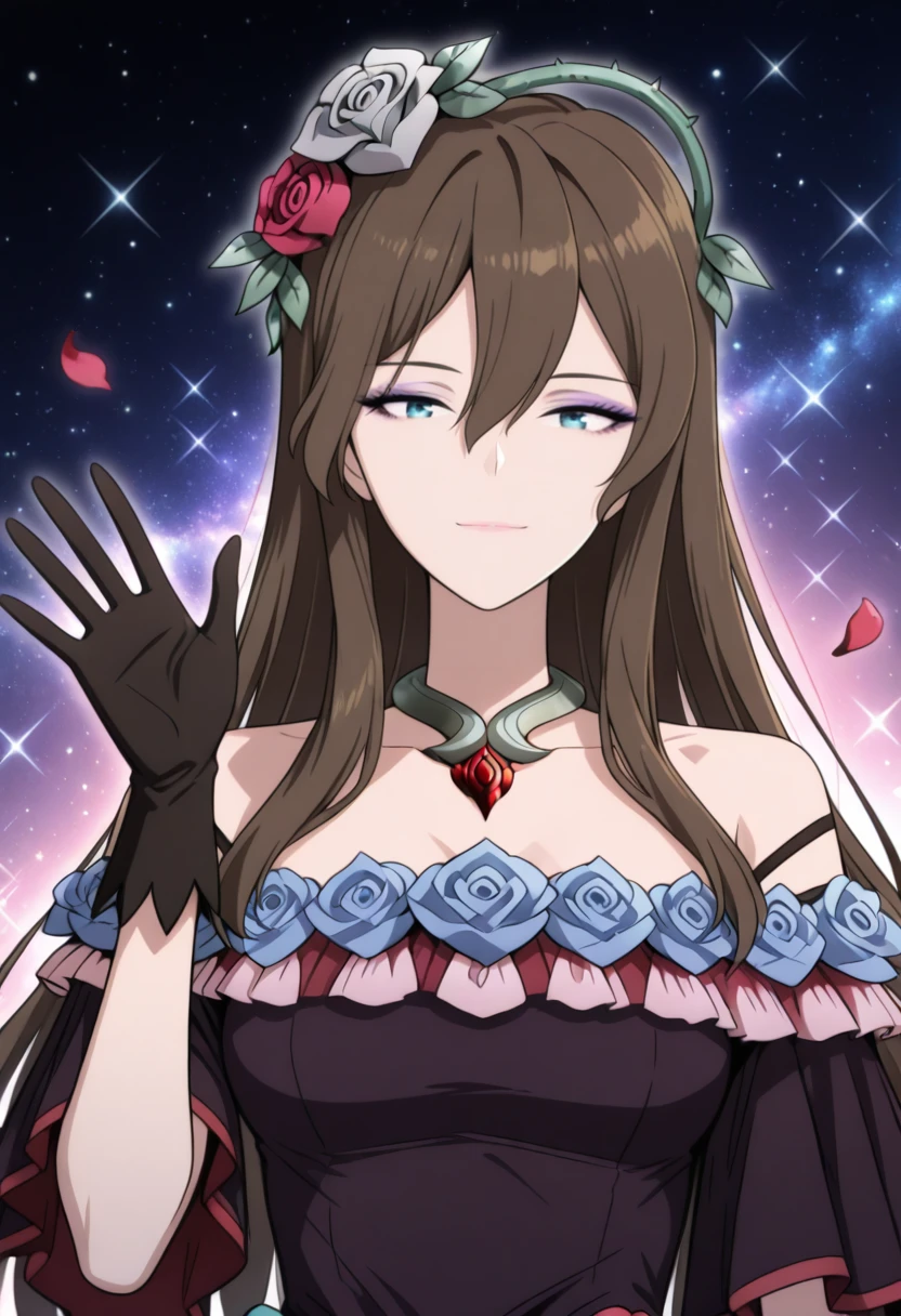 ,<lora:rosetta:1>,1girl,brown hair,blue eyes,hair between eyes,| hair ornament,floral ornament,rose headpiece,| eyeshadow,makeup,| black gloves,| asymmetrical dress,off-shoulder dress,fantasy gown,high-low skirt,rose petal skirt,rose accents,ribbon accents,floral dress,dark red dress,purple dress,,(waving at viewer:1.3),galaxy background,light particles,light smile,cosmic background,portrait,no building,facing viewer