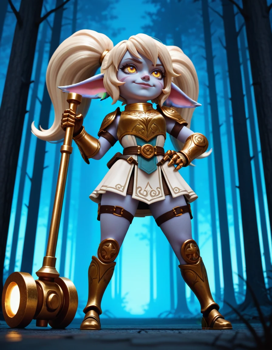 <lora:dmd2_sdxl_4step_lora_fp16:0.7> masterpiece, ultra quality, 1girl, solo, poppy \(league of legends\), stylized 3d anime-style yordle warrior girl with light blue skin and long white-blonde hair tied in thick pigtails, large pointed ears and golden eyes, wearing ornate golden and steel armor with a tight-fitting chestplate and high-cut armored skirt, thick thigh guards and gauntlets, holding an oversized battle hammer planted beside her, standing in a wide power stance with one hand on hip and the other resting on the hammer handle, looking up with a confident smirk, dynamic low-angle perspective, glowing forest battlefield behind her, cinematic lighting, stylized 3d render, pixar x arcane hybrid style, full body