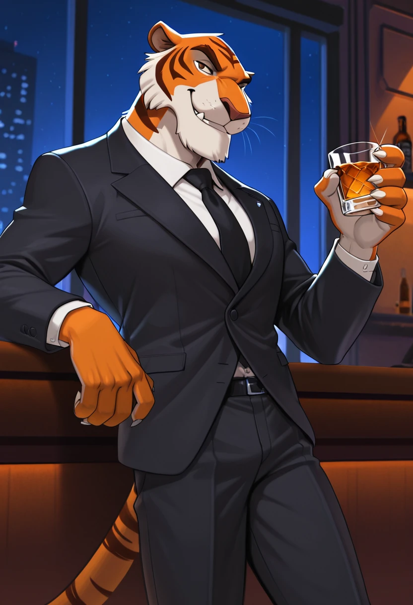 masterpiece, high detailed skin, best quality, high res, very aesthetic, eleptorstyle,
(solo),
(shere_khan:1.4, male anthro tiger), fangs, claws, brown eyes. tail, talespin, (male:1.4),
<lora:Shere_Khan_Talespin:0.6>
night club, at the bar,
wearing a black suit, arrogant smirk, holding a whiskey glass,