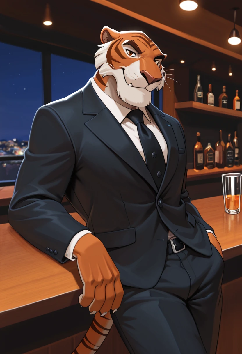 masterpiece, high detailed skin, best quality, high res, very aesthetic, eleptorstyle,
(solo),
(shere_khan:1.4, male anthro tiger), fangs, claws, brown eyes. tail, talespin, (male:1.4),
<lora:Shere_Khan_Talespin:0.6>
night club, at the bar,
wearing a black suit, cocky smile, waking toward viewer,
