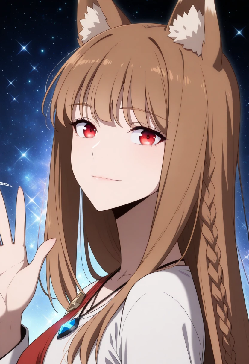 masterpiece,best quality,
<lora:Holo_IL:0.7>,holooutfit1,holooutfit3,1girl,long brown hair,bangs,red eyes,fox ears,medium ,| white shirt,long sleeves,loose shirt,black pants,cropped pants,necklace,pendant,red braided sash
(waving at viewer:1.3),galaxy background,light particles,light smile,cosmic background,portrait,no building,facing viewer,solo,