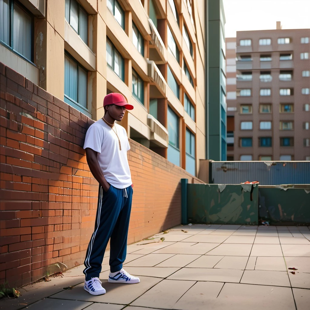 (Score_9_up, score_8_up, score_7_up, masterpiece, newest, best quality, highly detailed, very awa, very aesthetic, ultra detailed, realistic), hyperrealistic, (UHD quality details), bruhousing, building, close up, from below, 1boy, standing, leaning on wall, dark-skinned male, high-top sneakers, sweatpants, tshirt, neck chain, baseball cap, concrete wall, walkway, flyover, trash, outdoors, depth of field, 8k uhd, absurdres, volumetric lighting, tack sharp focus, beautiful composition, intricate detail, professional illustration