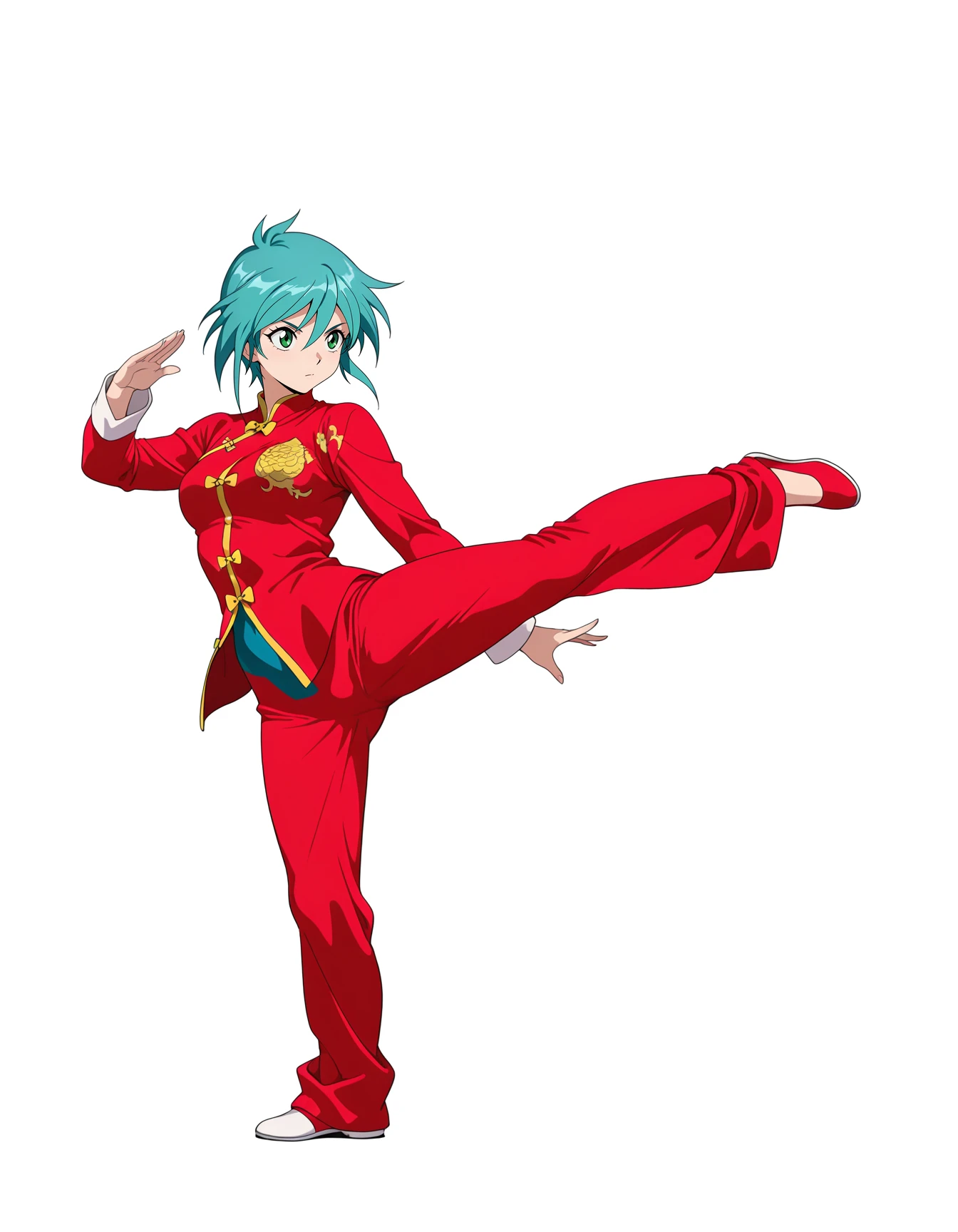 masterpiece,best quality,amazing quality,very aesthetic,high resolution,ultra detailed,perfect details,anime coloring,
simple background,white background,
1girl,solo,full body,chinese clothes,<lora:mai_pose_kf_1:1>,mai_pose_kf_1,fighting_stance,
standing_on_one_leg,red_jacket,fighting_stance,kicking,red_pants,split,high_kick,balancing,
<lora:Allenby Beasley:1>,1girl,Allenby,green_eyes,aqua_hair,short_hair,spiked_hair,multicolored_bodysuit,yellow_bow,medium_breasts,