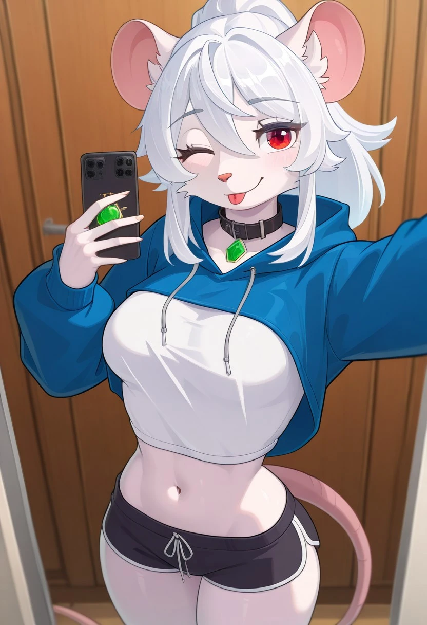SkyKainIChooseYou, 1 girl, rat girl, anthro, solo, white hair, SnikchSkKain, red eyes, SnikchHair, PastelPurpleFur, SnikchEars, BrightGrayUnderfur, WhiteNoseSnikch, , rat tail. white shirt, open black with blue other side hoodie, black collar with green stone, black mini shorts, midriff, taking a selfie, winking, one eye closed, head tilting, piece sign, tongue out, indoors, canalization, sewers, green water,
SkyKainIChooseYou,
masterpiece, best quality, newest, absurdres, highres, ,amazing quality, (masterwork, masterpiece, best quality, hyper-detailed, 8k uhd::1.4),,high resolution,ultra-detailed,,, masterpiece, best quality, very aesthetic, detailed eyes, perfect eyes, realistic eyes,