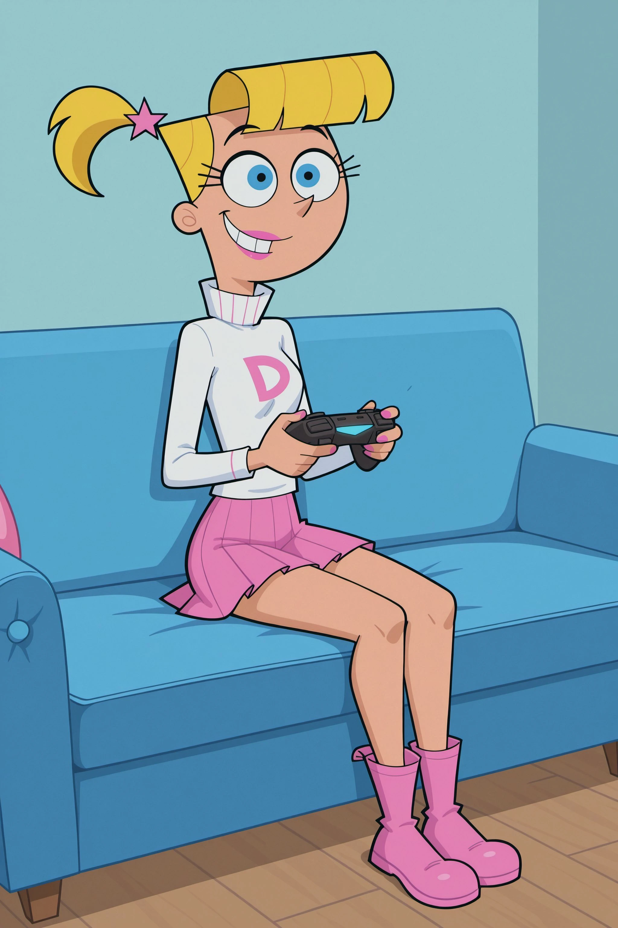Clover, totally spies, blonde hair, medium hair, blue eyes, skinny, white skirt, pink tank-top midriff, classroom, half-closed eyes, fat man in brown suit, oral, grabbing head, kneeling, side view, hands on thighs
