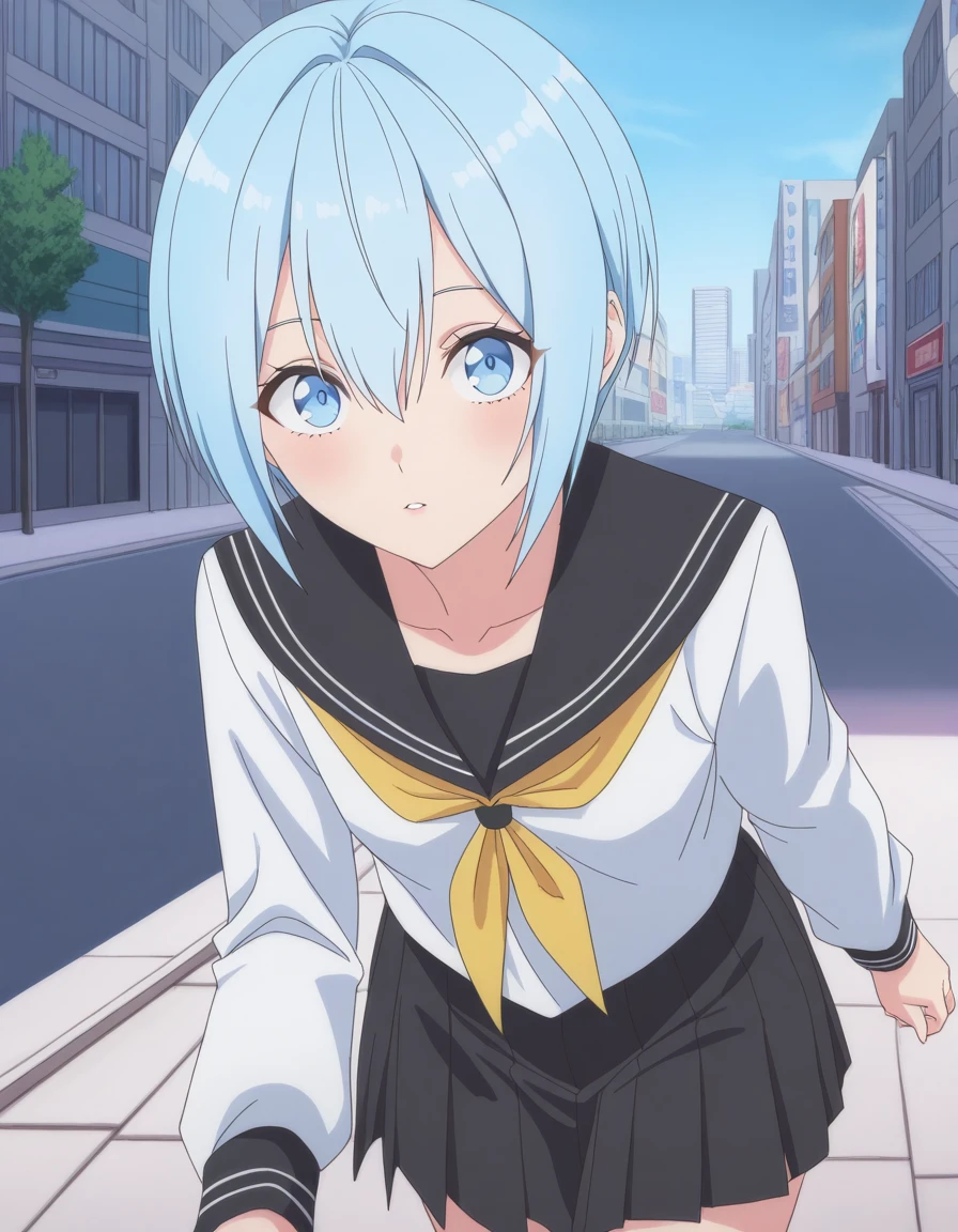 masterpiece, best quality, amazing quality,, <lora:dimensionalseduction-nonoa-s1-illustriousxl-lora-nochekaiser:1>, nonoa, short hair, blue eyes, blue hair, mature female, small breasts, anime screencap, skirt, shirt, long sleeves, pleated skirt, serafuku, black skirt, sailor collar, neckerchief, black sailor collar, yellow neckerchief,, leaning forward,, sidewalk, pedestrians, city, street, walking, cowboy shot, solo, looking at viewer,